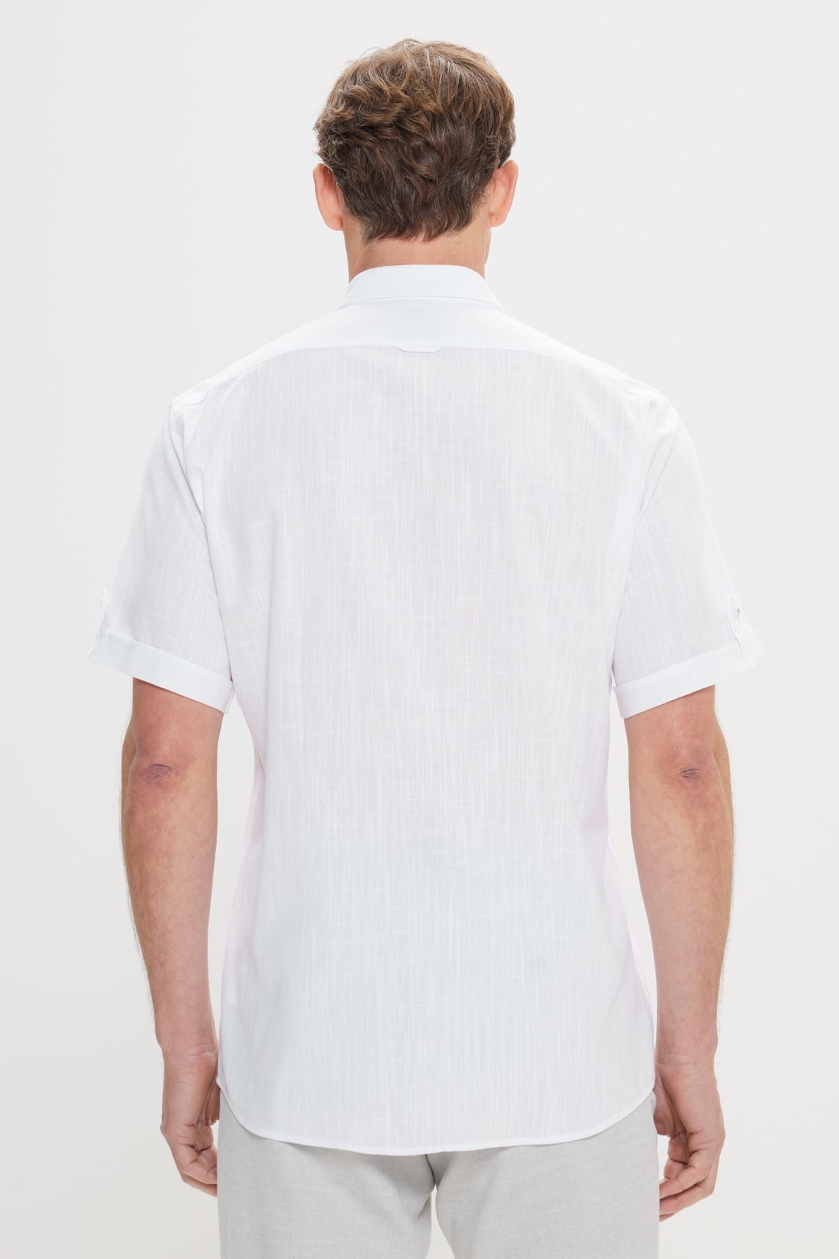 Men's White Comfort Fit Casual Cutting Buttoned Neck Linen Look 100 %Cotton Short Sleeve Shirt