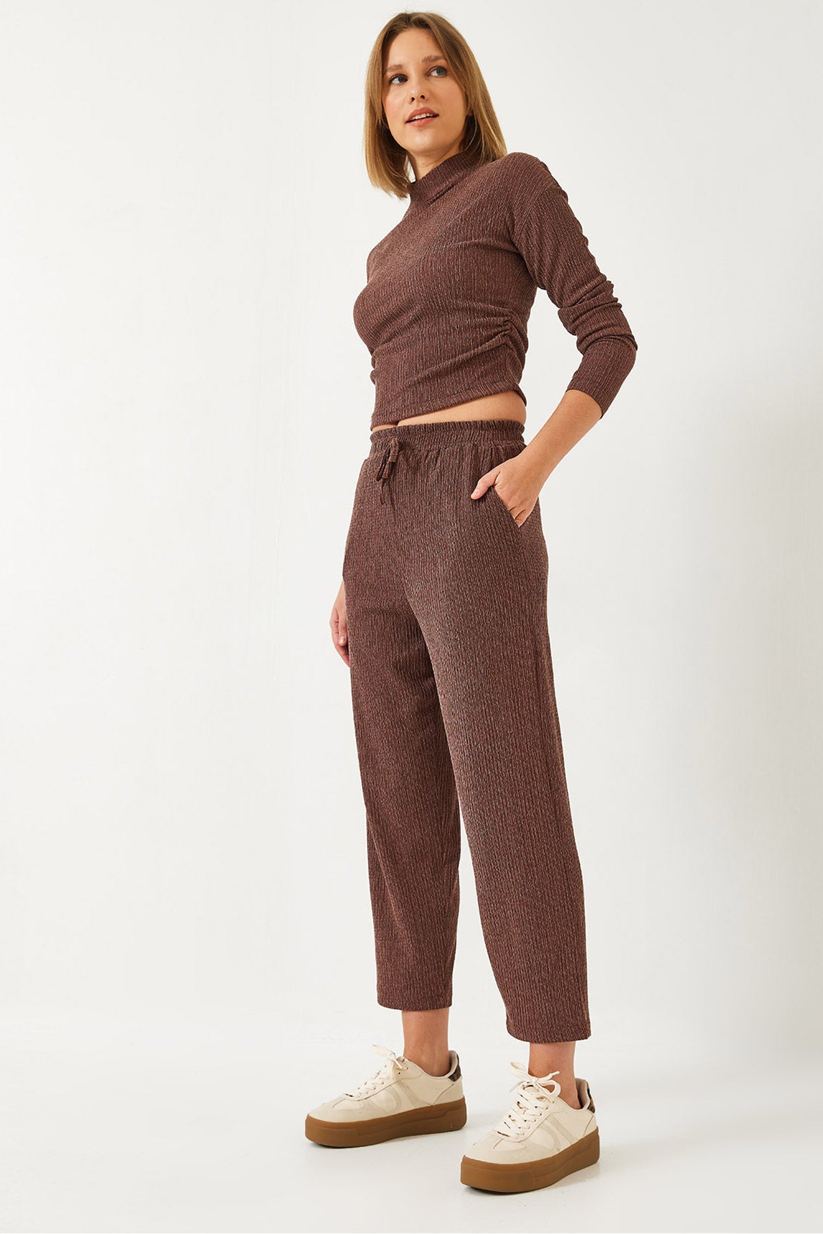 Women's Crop Blouse and Bottom-Top Set with Elastic Waist Trousers 60261363