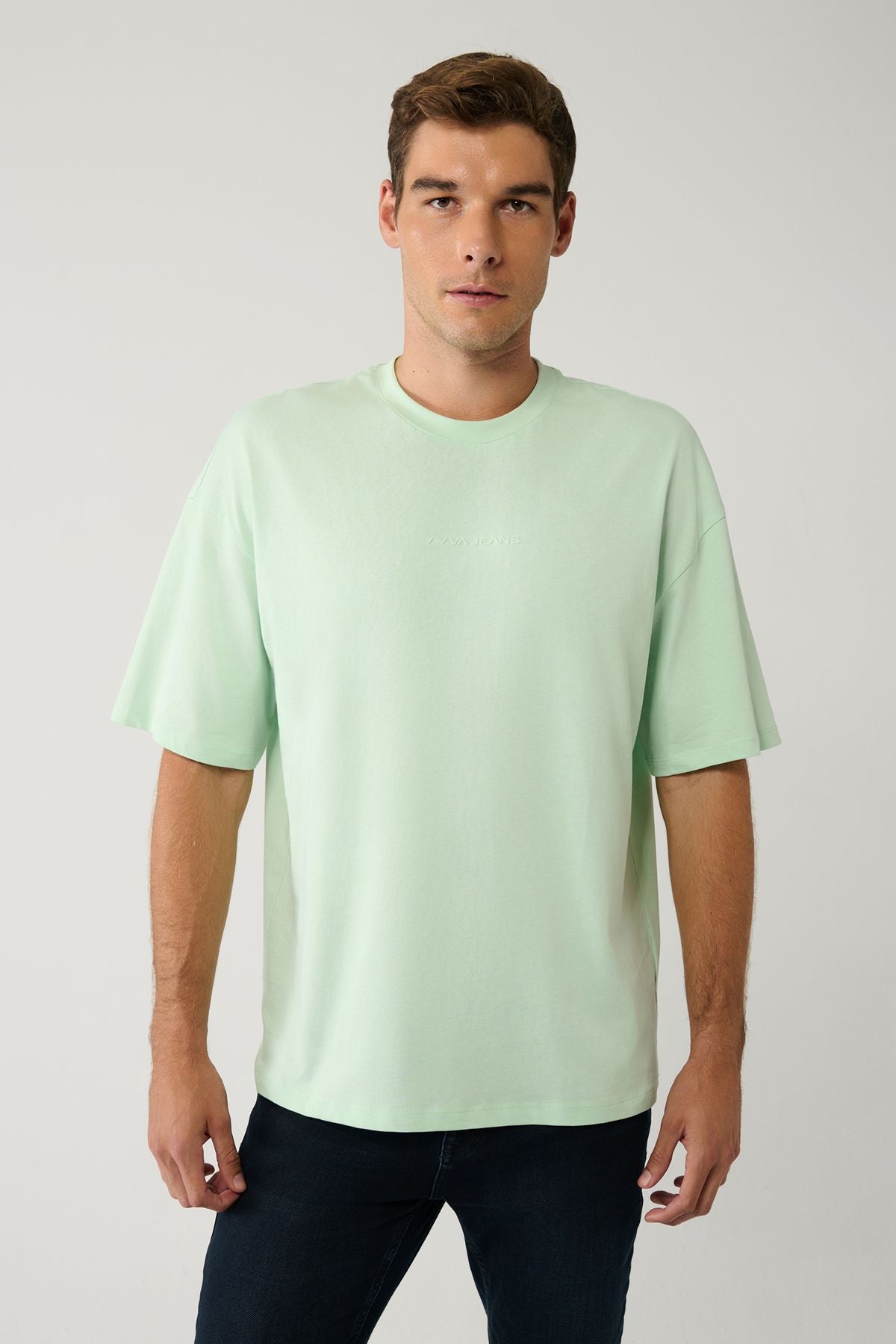 Men's Mint Green T-shirt Crew Neck Printed Cotton Oversize E001037