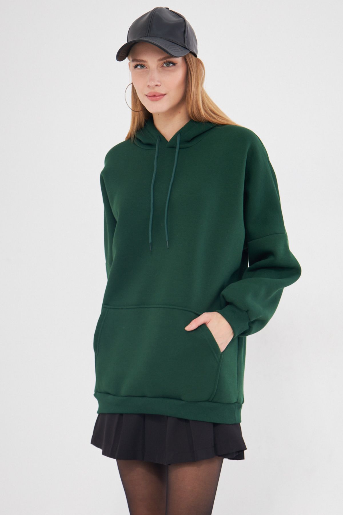 Woman Dark Green Hooded in Sweatshirt Arm-25k001045