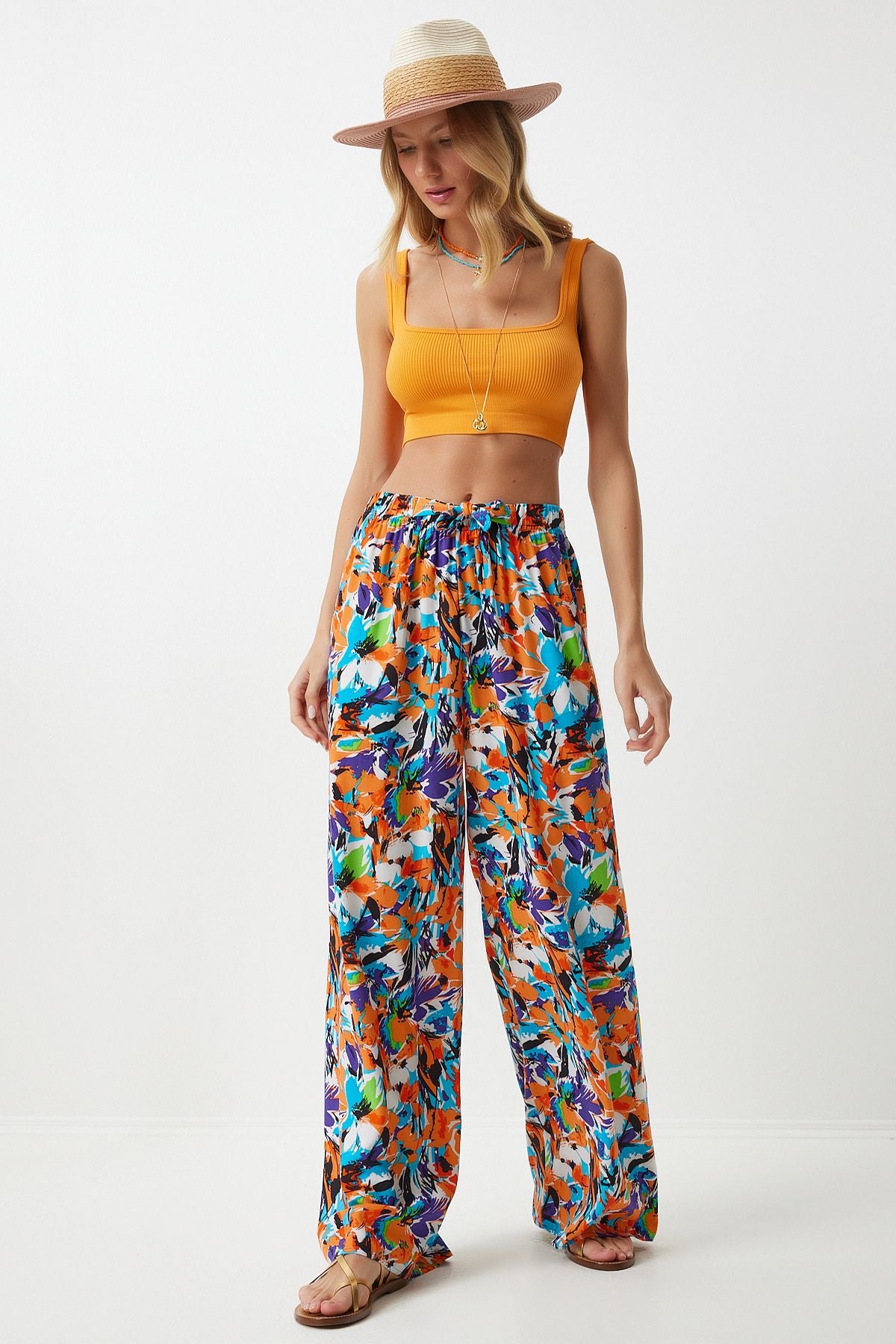 Woman Sky Blue Orange Patterned Viscose Palazzo Pants EN00606