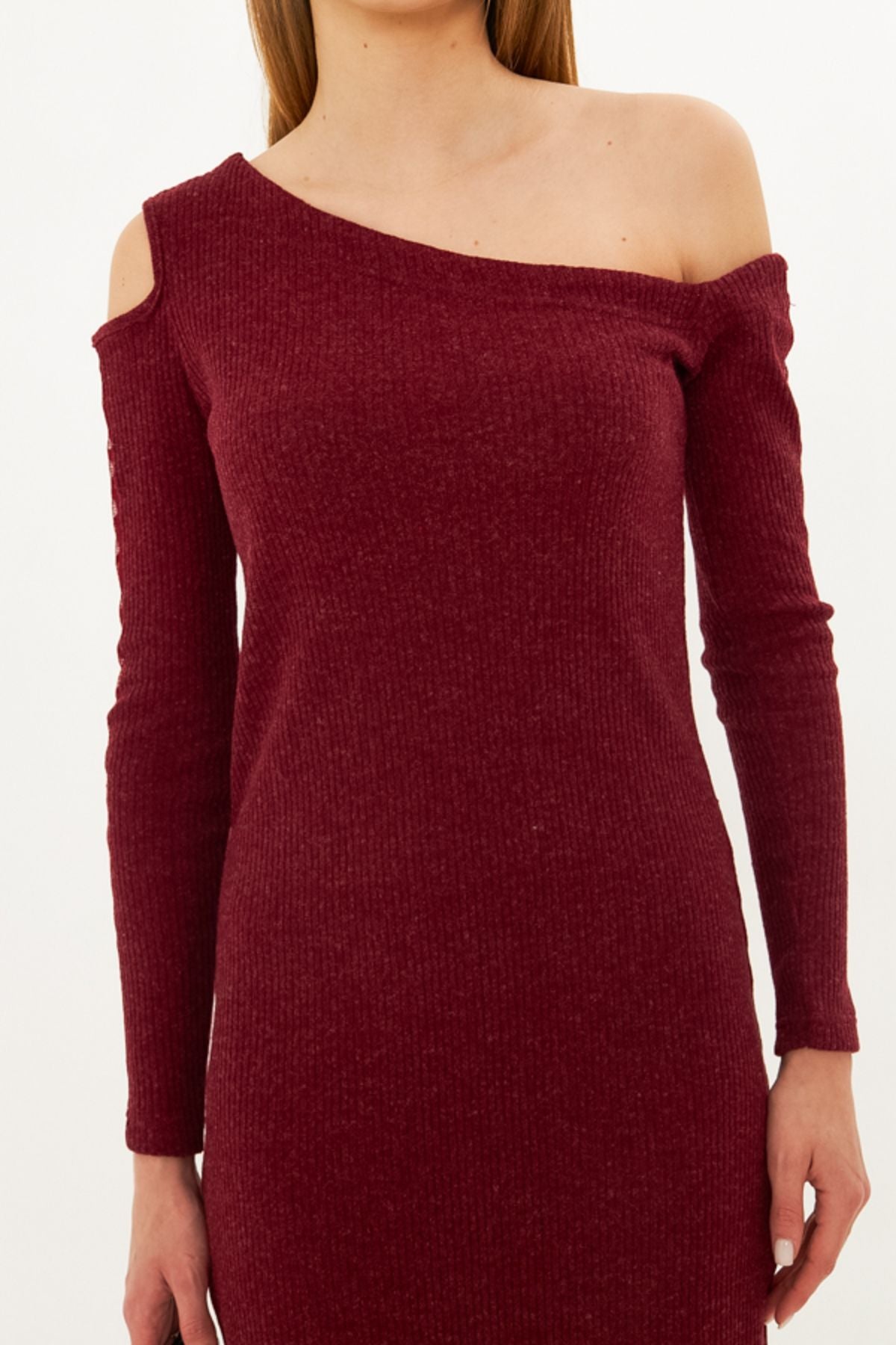 Female Bordeaux Asymmetric Collar Lever Tulle Slit Kashkorse Midi Boy Dress ARM-25K001081