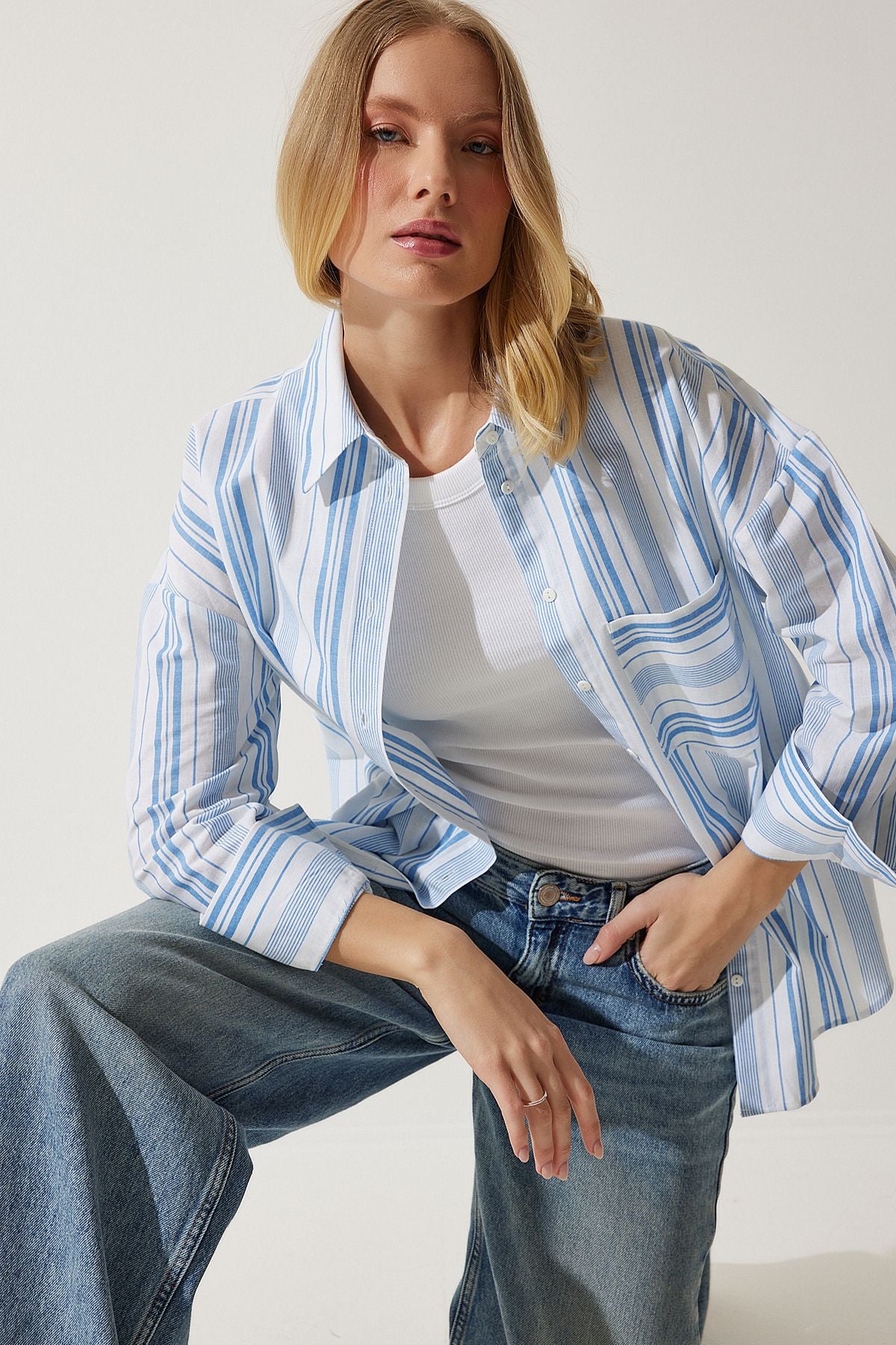 Woman White Blue Striped Cotton Oversize Shirt HK00034