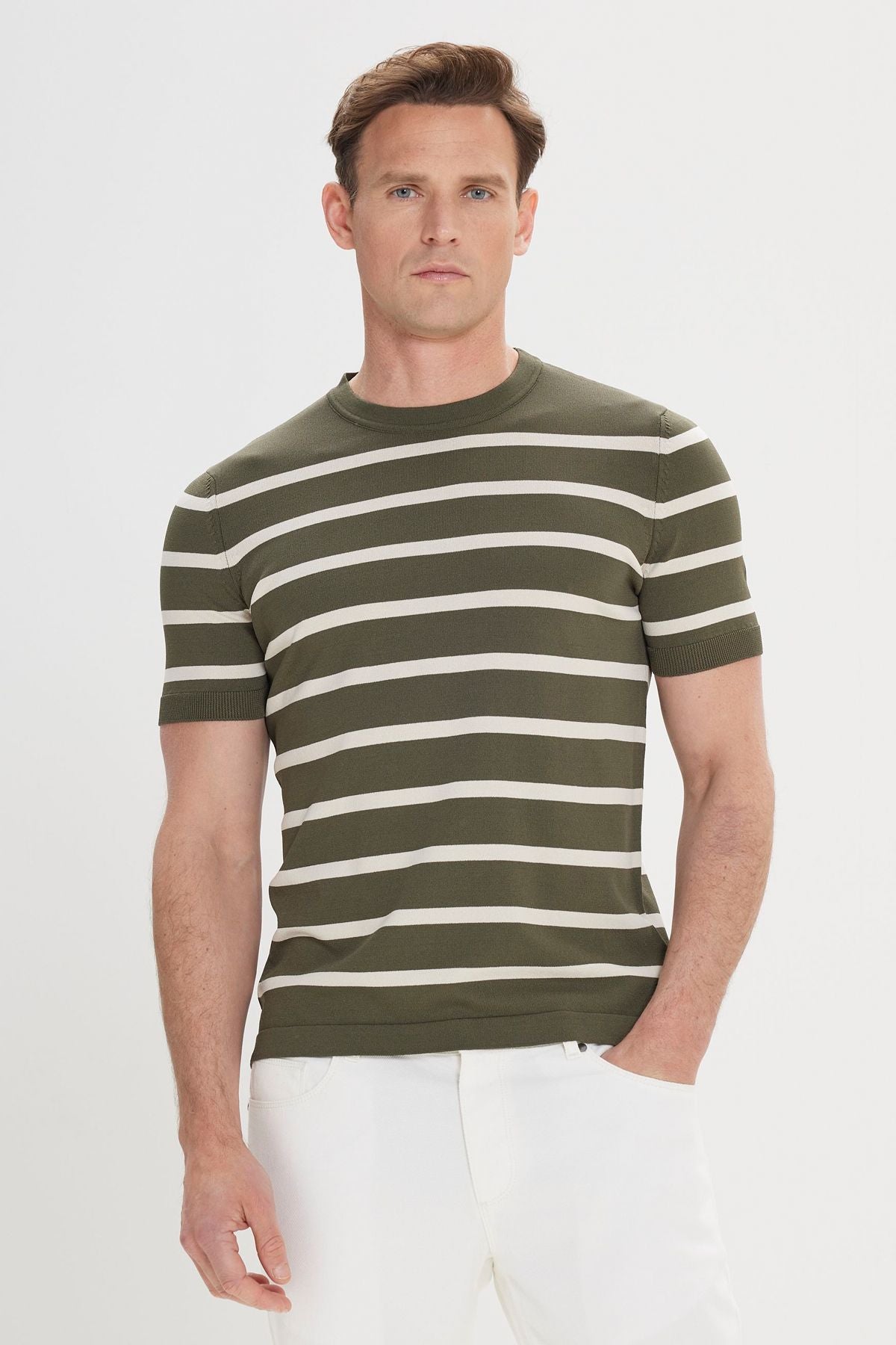 Men's Khaki-Ekru Standard Fit Normal Cut Bicycle Yaka striped knitwear T-shirt