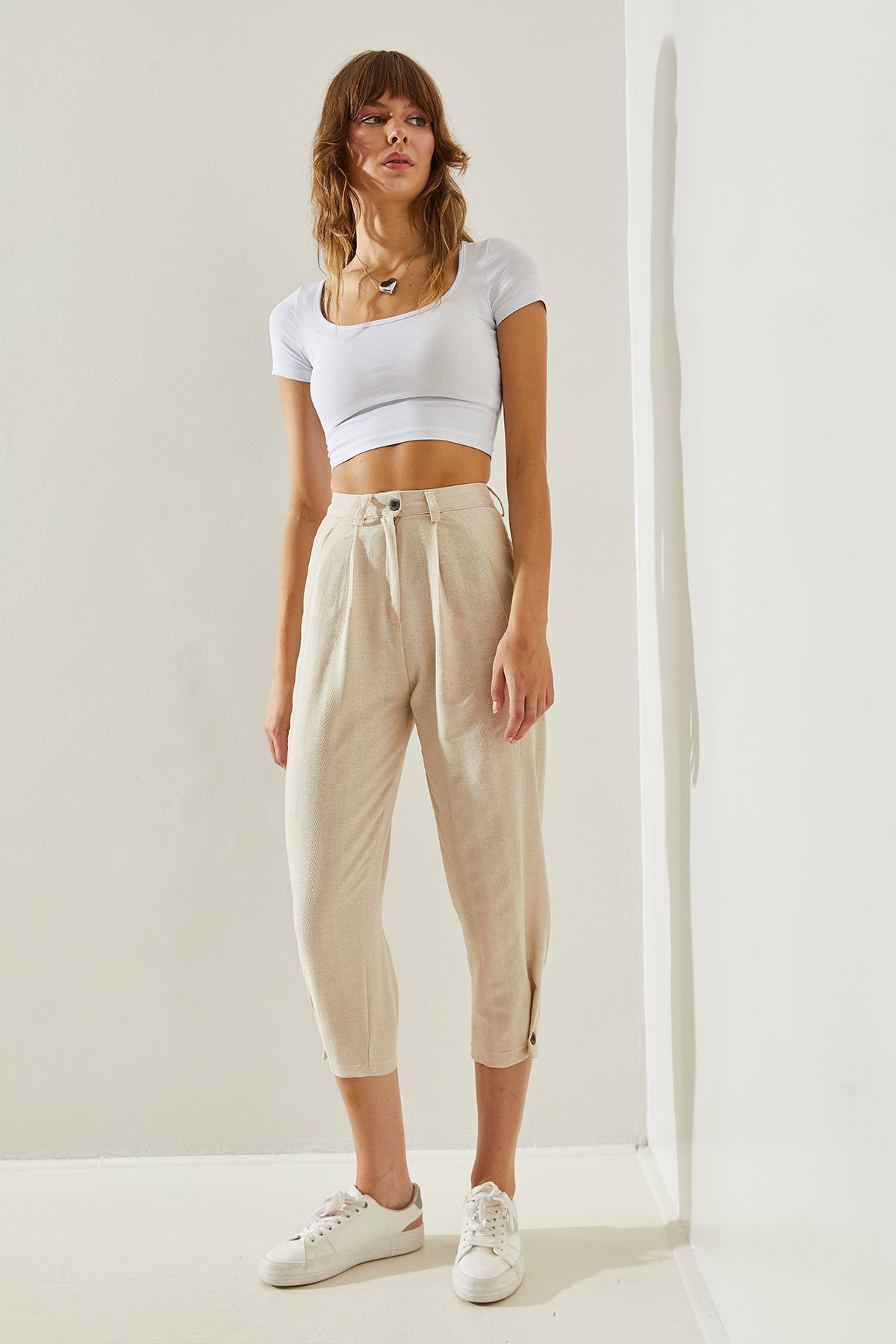 Women's Button Detailed Linen Textured Trousers 60251262