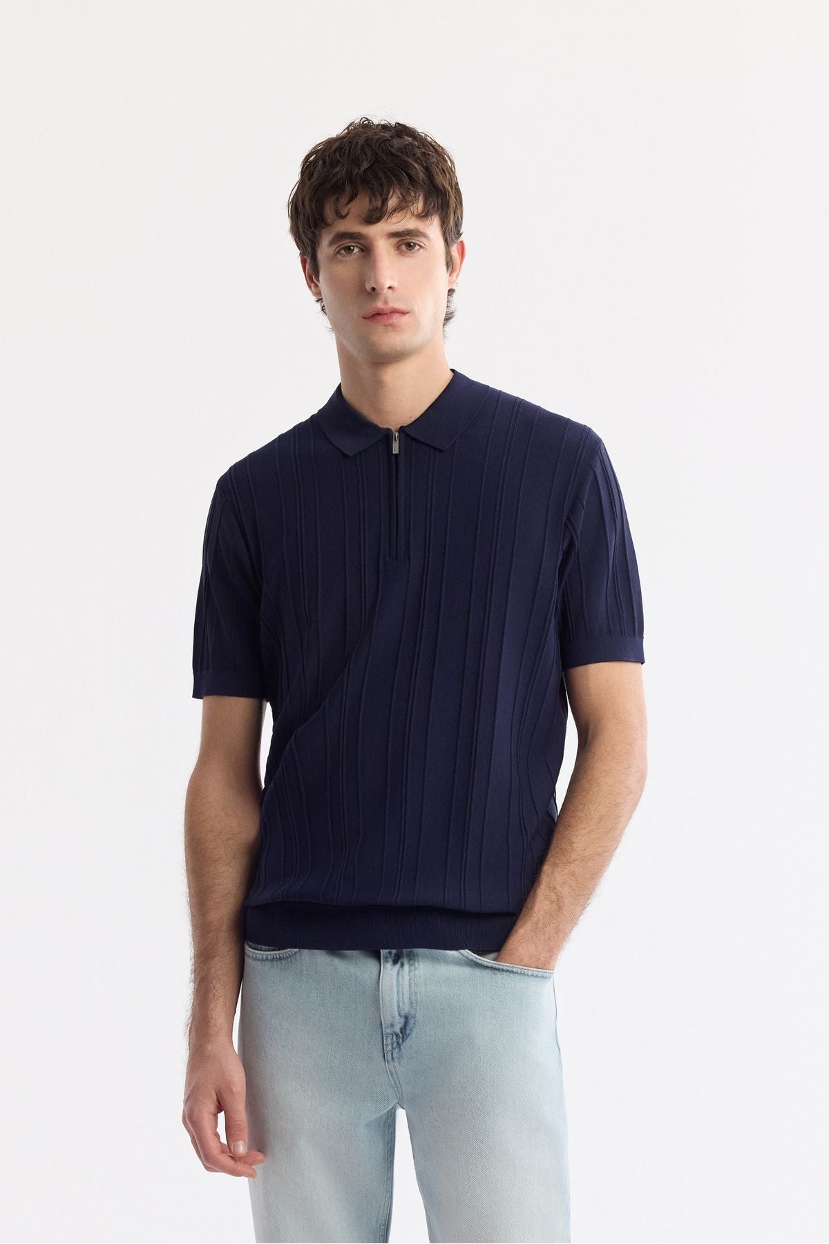Male Navy Blue Polo Yaka Zipper Wick Knit Detailed Rayon Triko T-Shirt A51Y5046