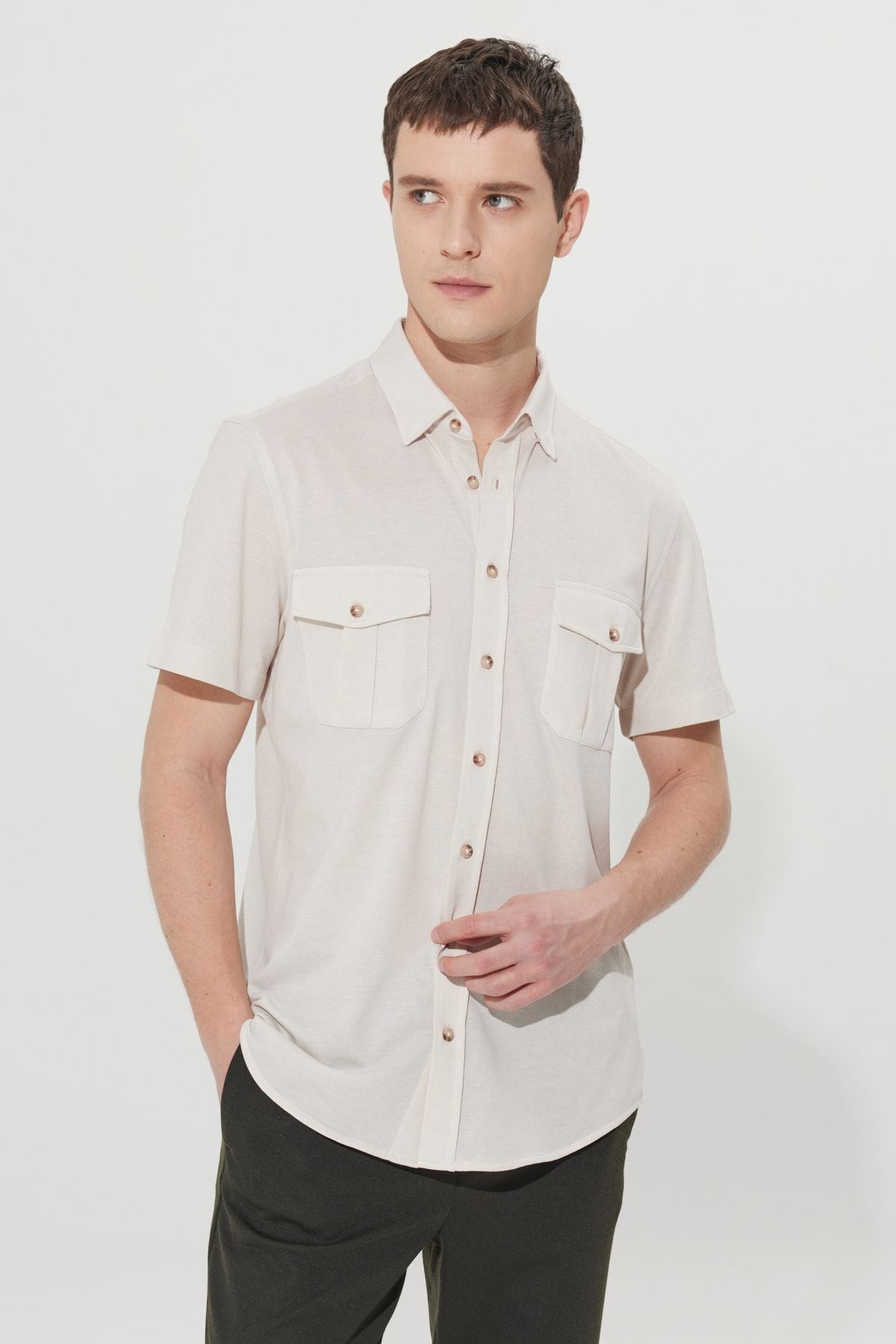 Men's Beige Slim Fit Narrow Cut Hidden Button Collar Cotton Short Sleeve Shirt