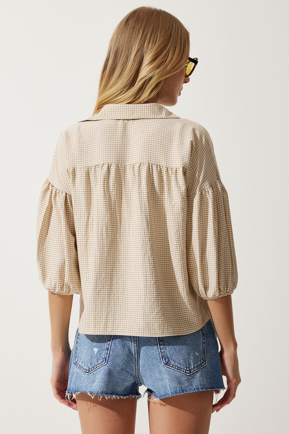 Women's Beige Balloon Sleeve Pötikare Woven Shirt RG00013