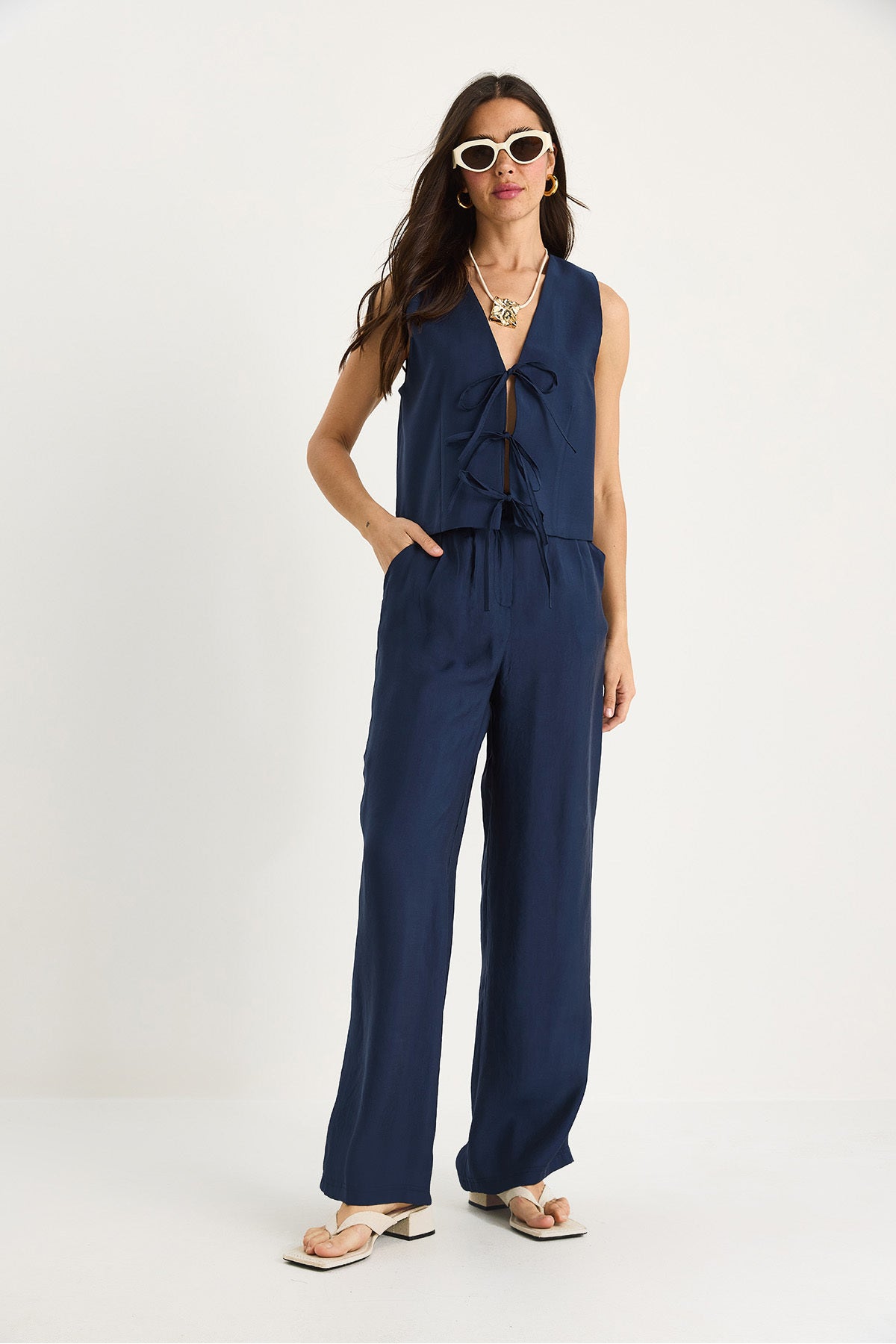 Women's Tie-Up Vest High Waist Modal Bottom-Top Set with Plenty of Trousers 9358 60281071