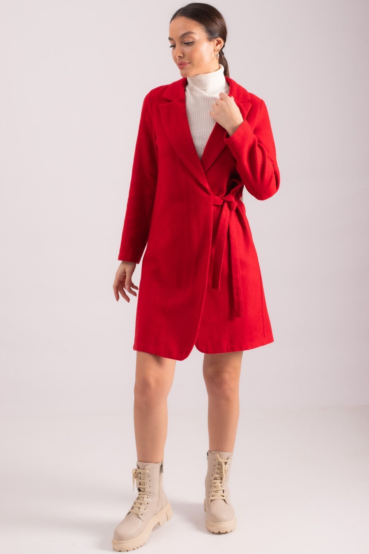 Woman Red Side Ties Long Stamp Coat ARM-24K001068