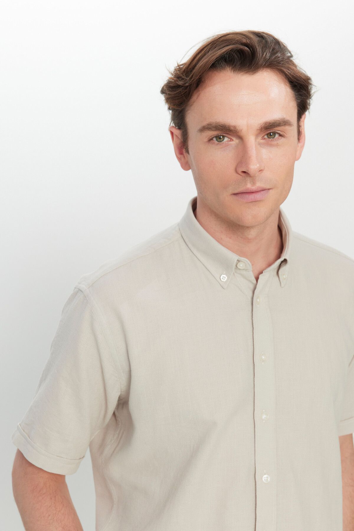 Men's Beige 100 %Cotton Comfort Fit Casual Cutting Button Shirt with Shirt collar Amesty Shirt