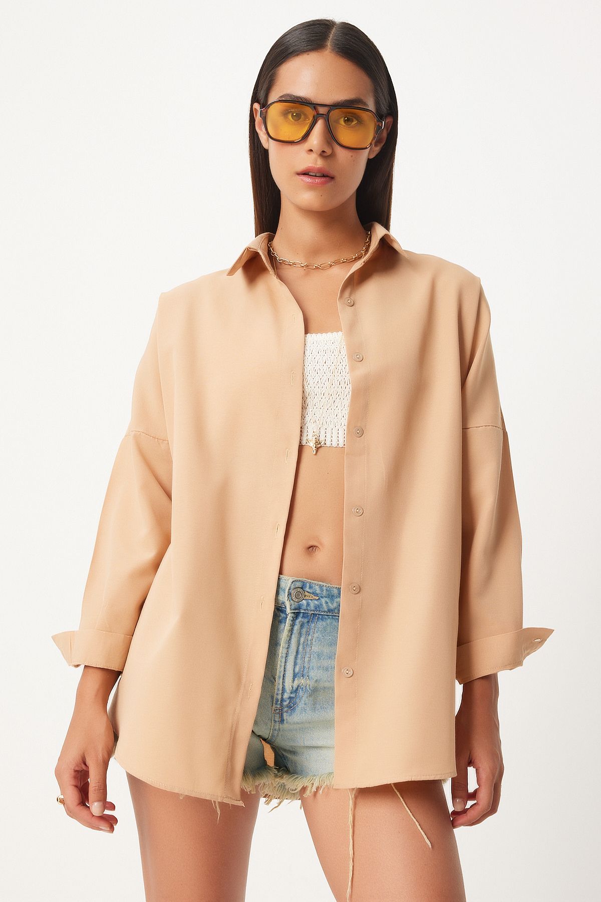 Woman Open Biscuit Oversize Long Basic Shirt DD00842