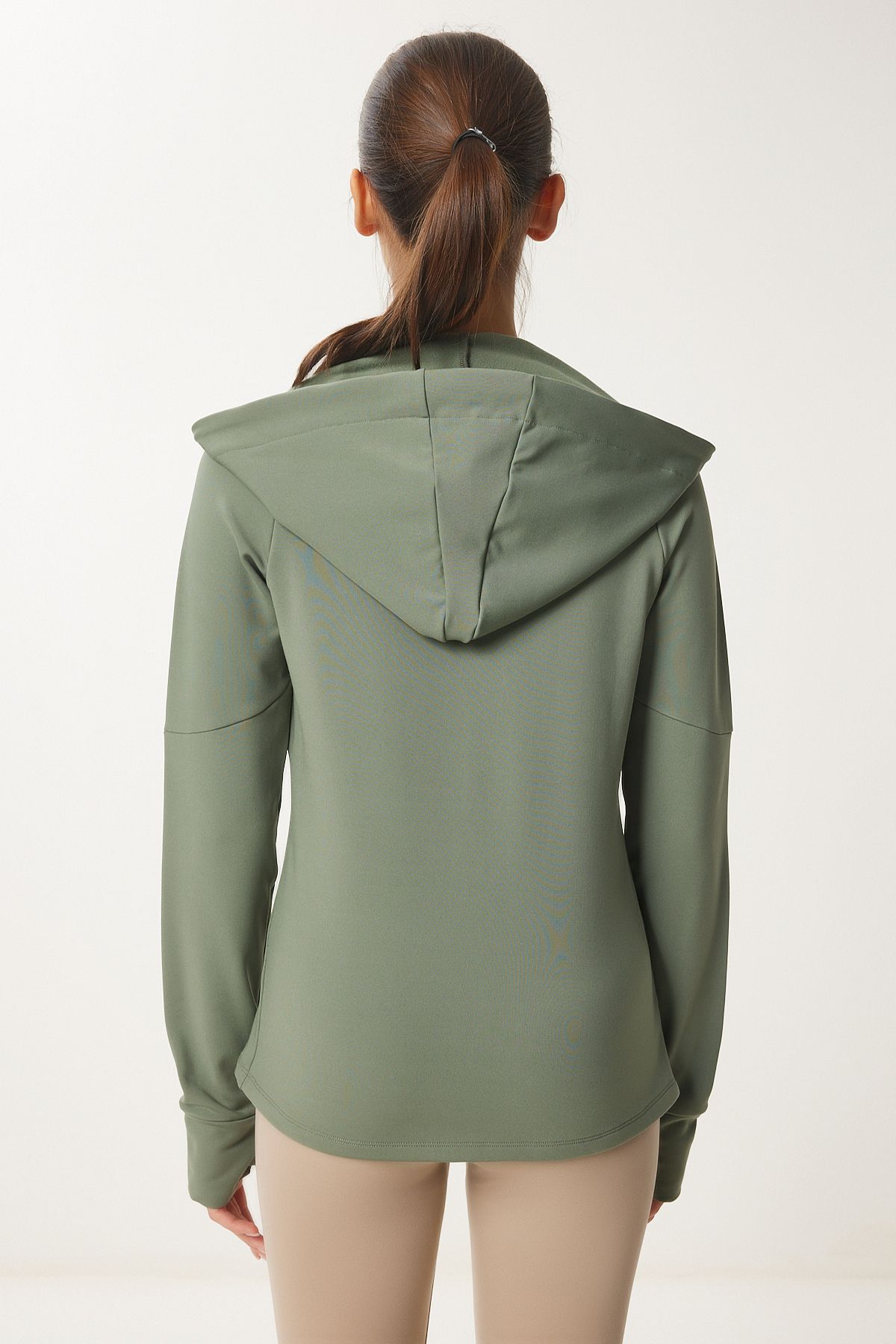 Female Khaki Finger Detailed Hooded Zipper Knitting Sweatshirt VX00007