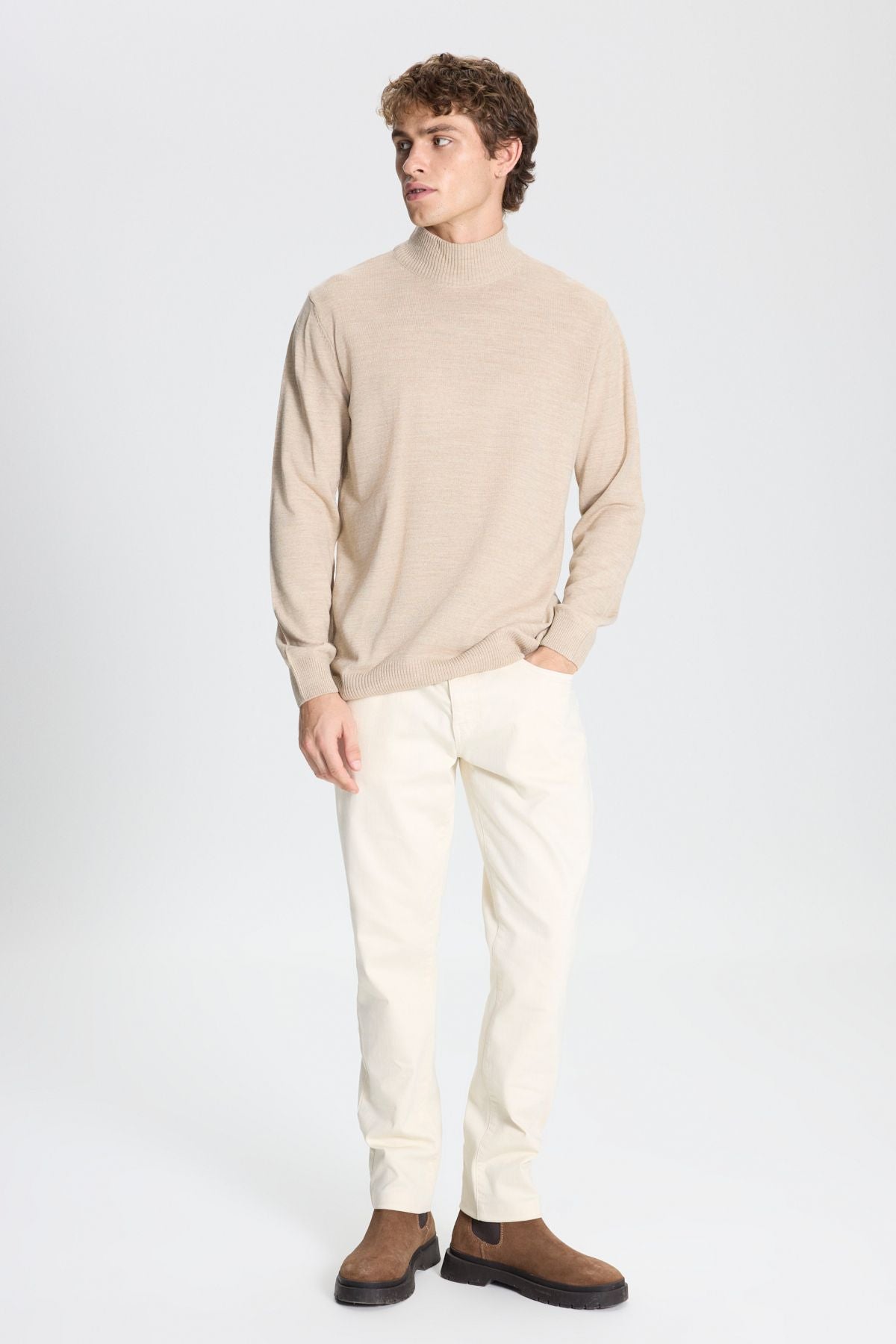 Men's Beige Flashing Standard Fit Normal Cut HALF FISHER YOLIKO KNIP Sweater