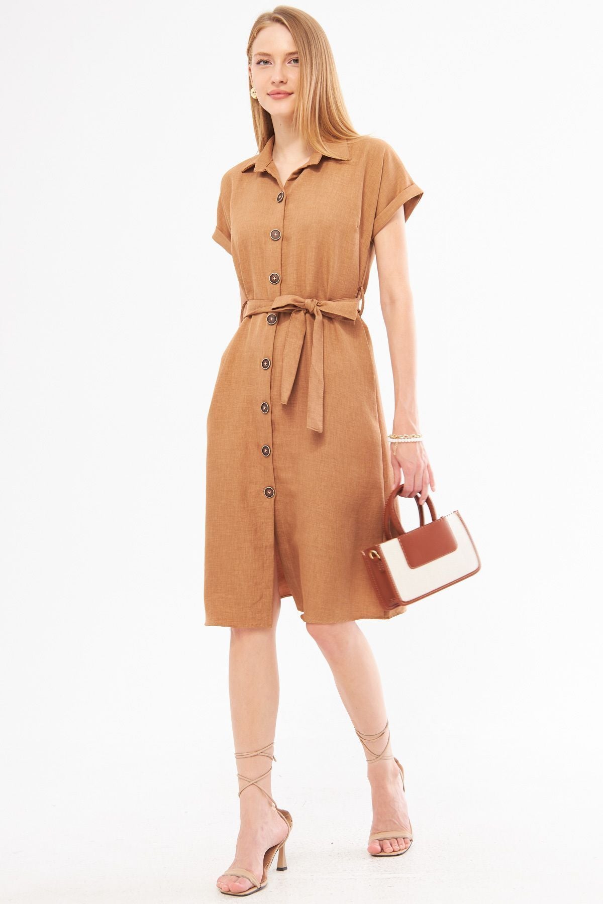 Woman Light Brown Linen Looking Waist Belt Short Sleeve Shirt Dress ARM-24Y001084