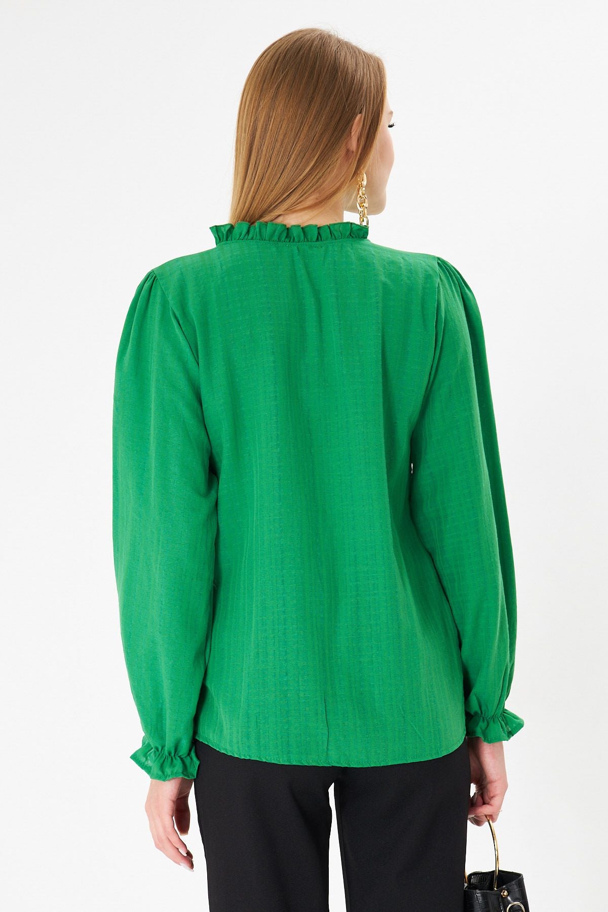Female Green Side and Ruffle Detail Arms with Rubber Long Sleeve Blouse Arm-25k001030