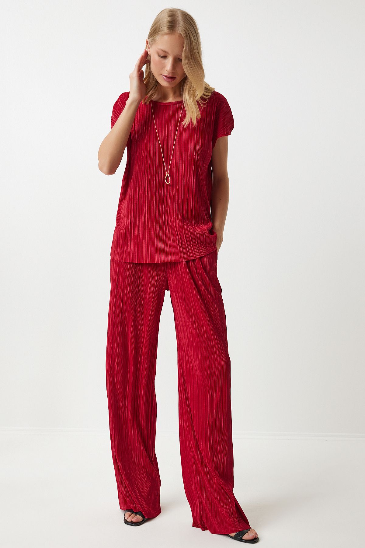 Female Red Pilica Casual Blouse Pants Set Mc00283