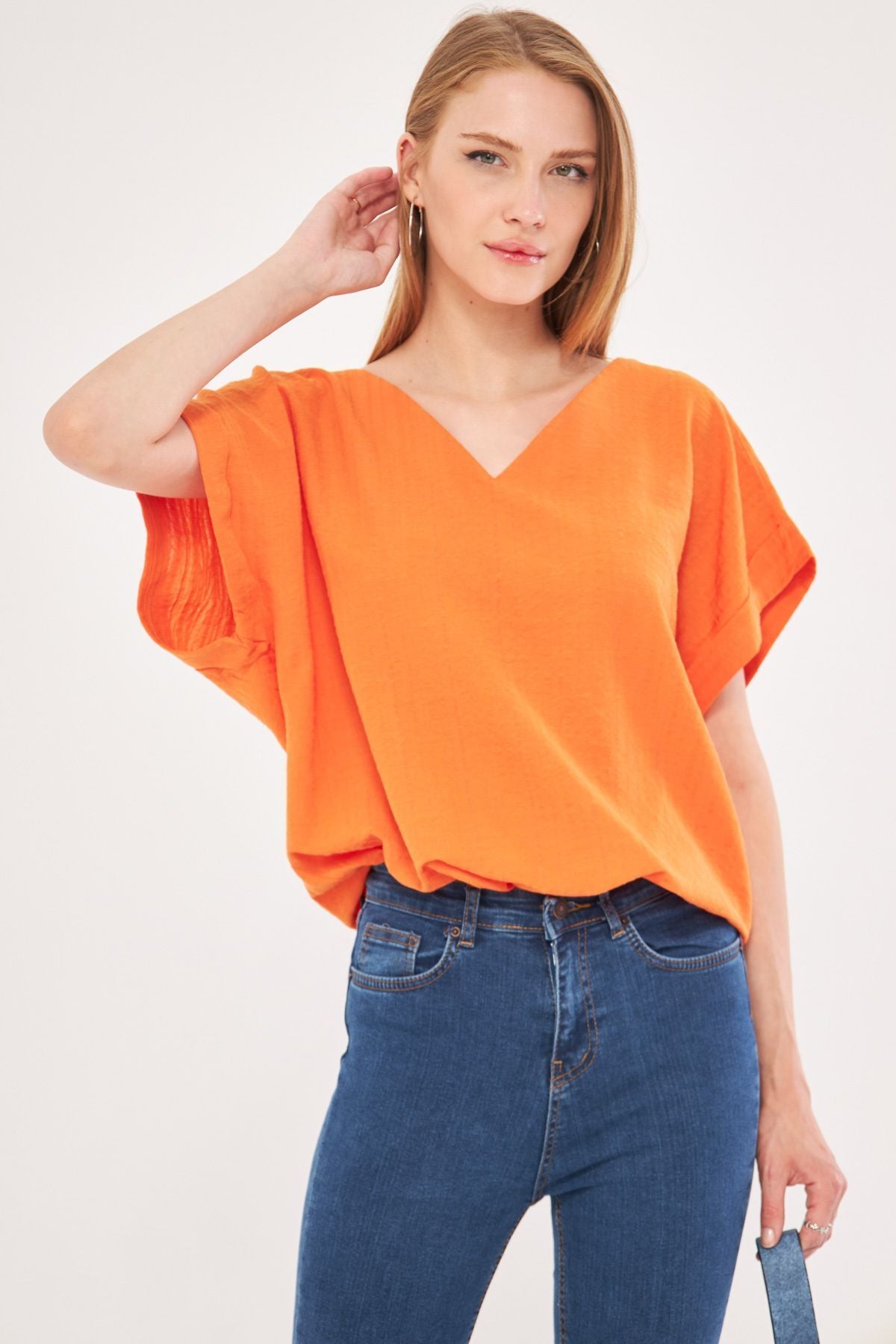 Women's Orange V-Neck Sides with Slit Long Dual Arm Detailed Oversize Blouse ARM-24Y001074