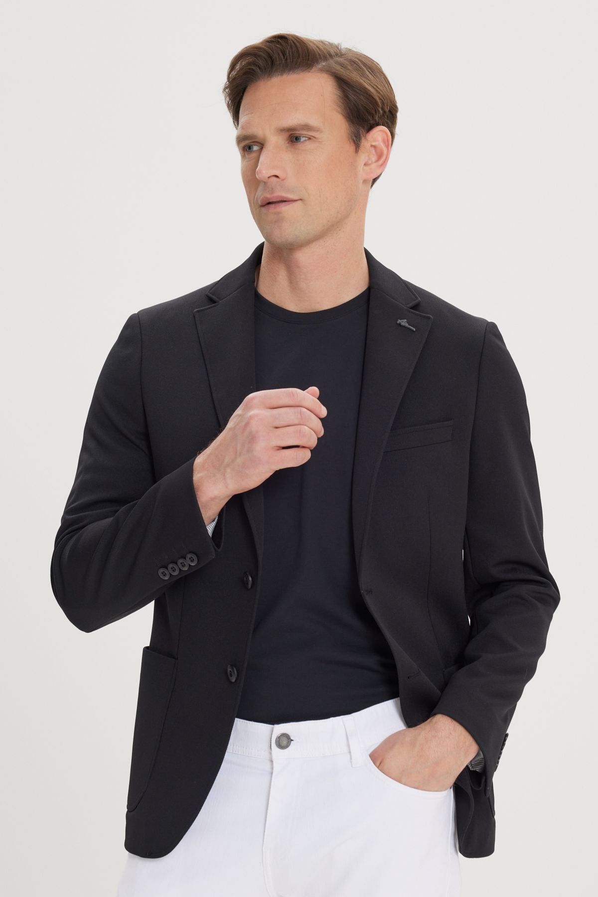 Men's black slim fit narrow cut Mono collar casual blazer jacket