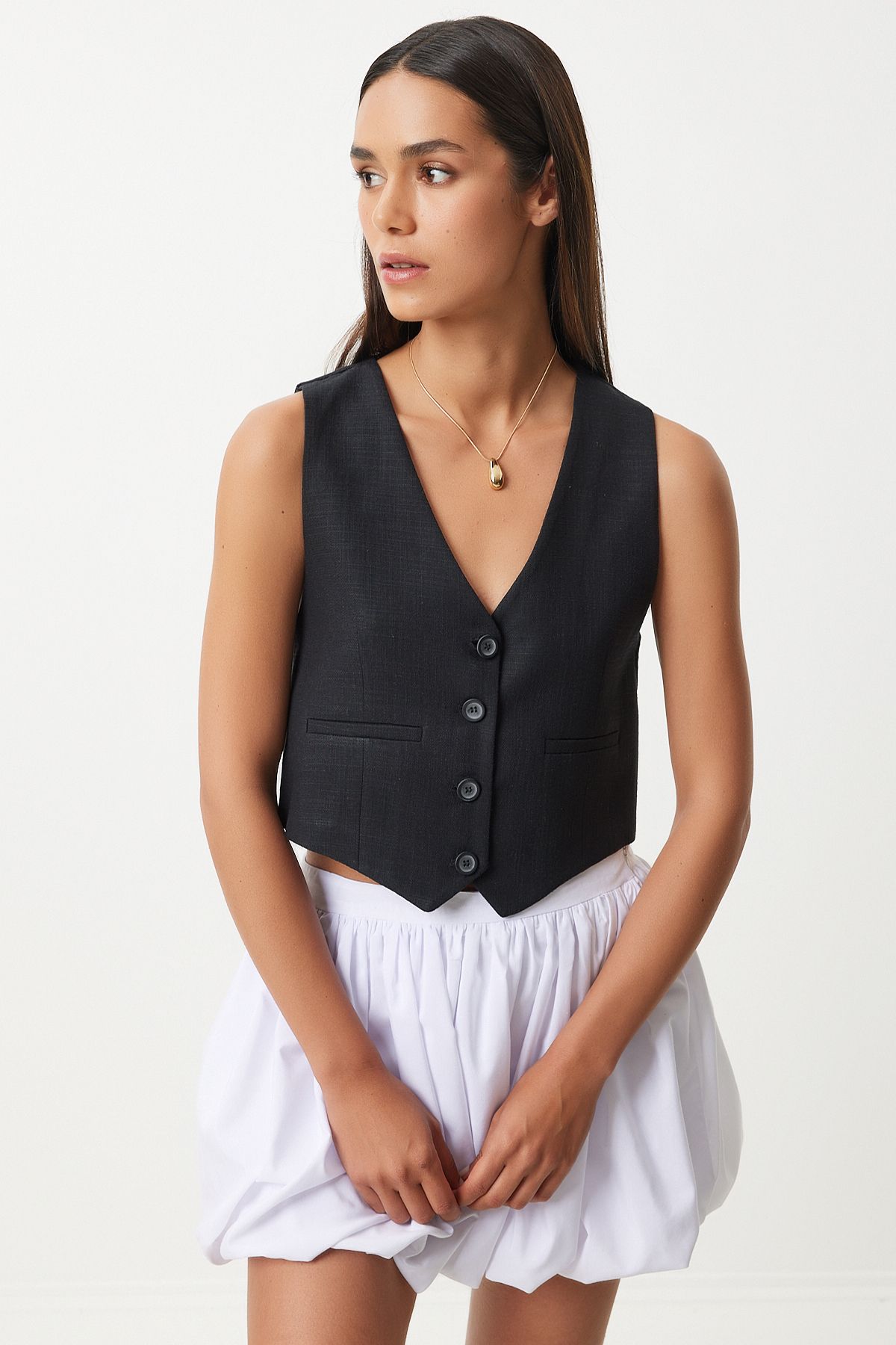 Female Black Linen Short Vest KT00011