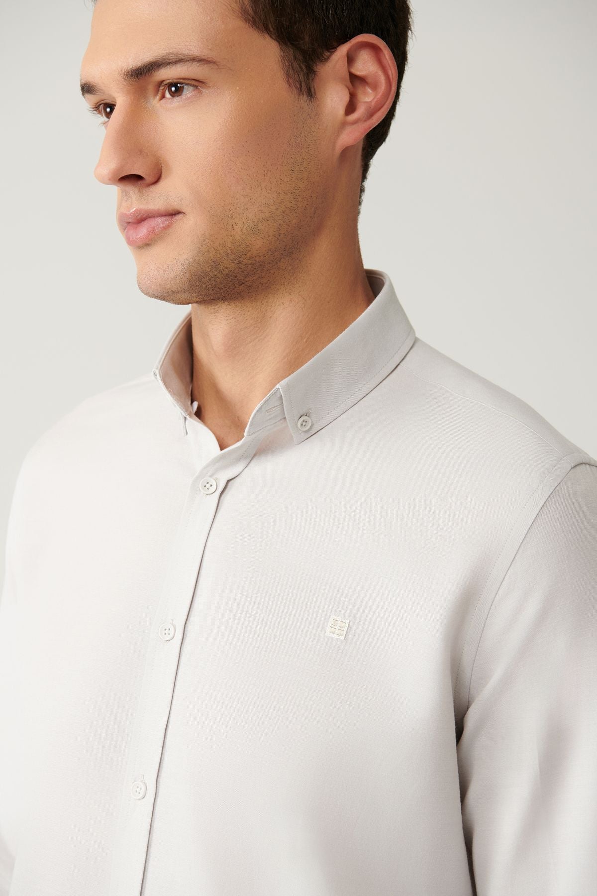 Men's gray button collar easily ironed cotton Oxford Shirt E002000