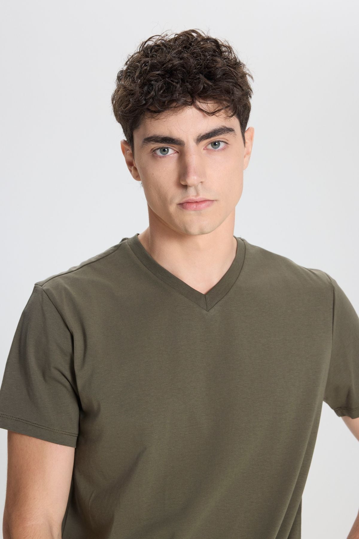 Male 100 %Cotton V -Neck Khaki Khaki Slim Fit Narrow Cut T -shirt