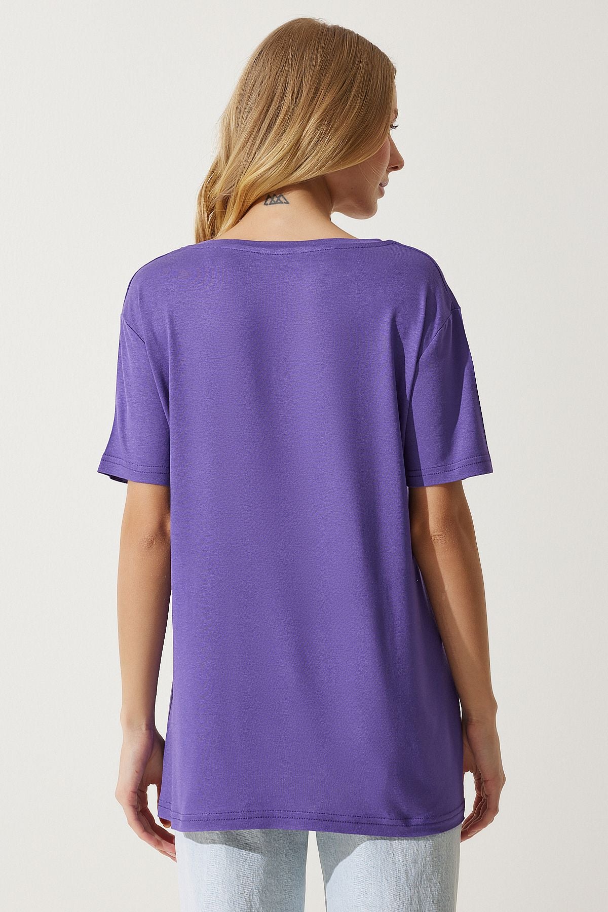 Woman Purple V-Neck Basic Viscose Knitting T-Shirt EN00613