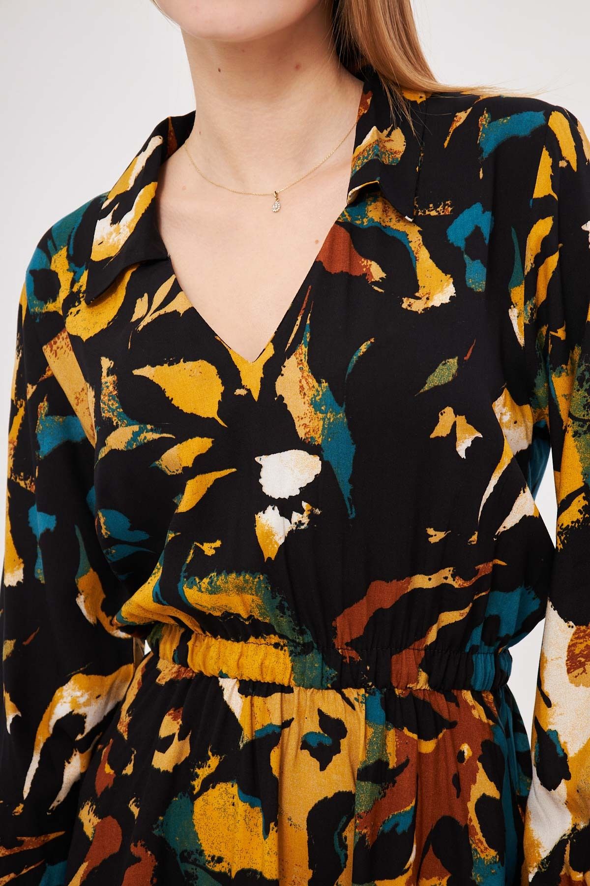 Female mustard shirt collar detailed waist arm tire closes dress ARM-25K001043