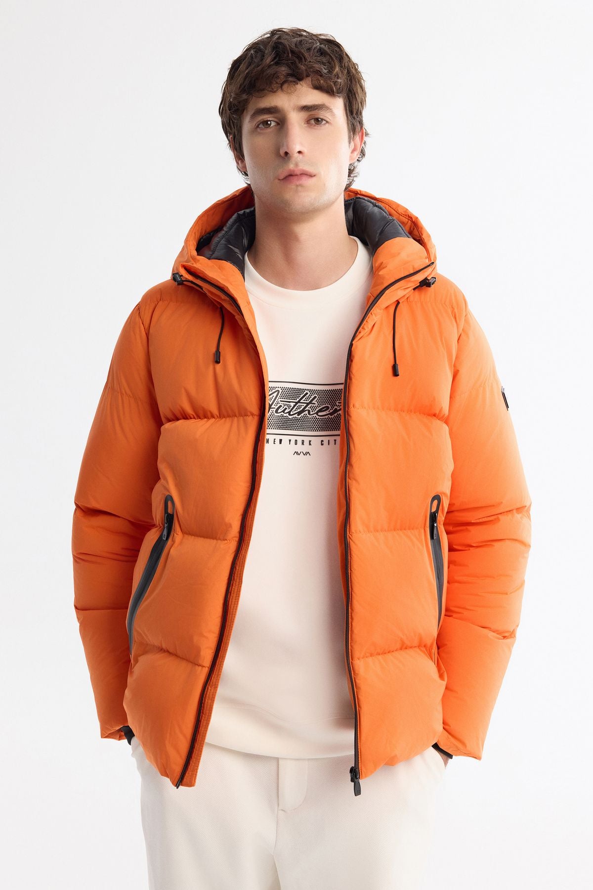 Men's Orange Hooded Water Protector Windproof Inflatable Coat B006046