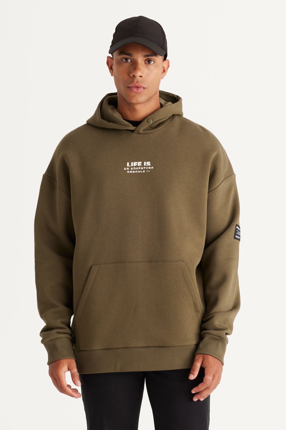 Men's Khaki Oversizle Fit Plenty Cut Hooded 3 -IP Cotton Sweatshirt