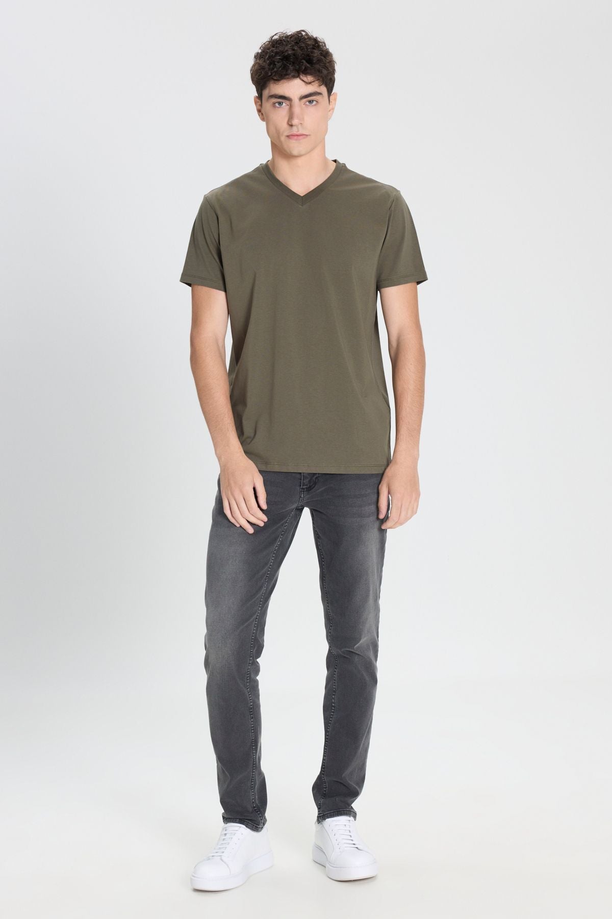 Male 100 %Cotton V -Neck Khaki Khaki Slim Fit Narrow Cut T -shirt