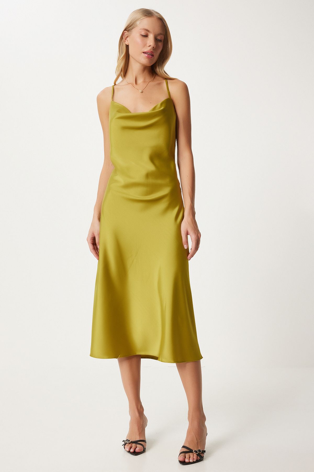 Women's Fat Green Degage Collar Satin Surface Dress FN03300