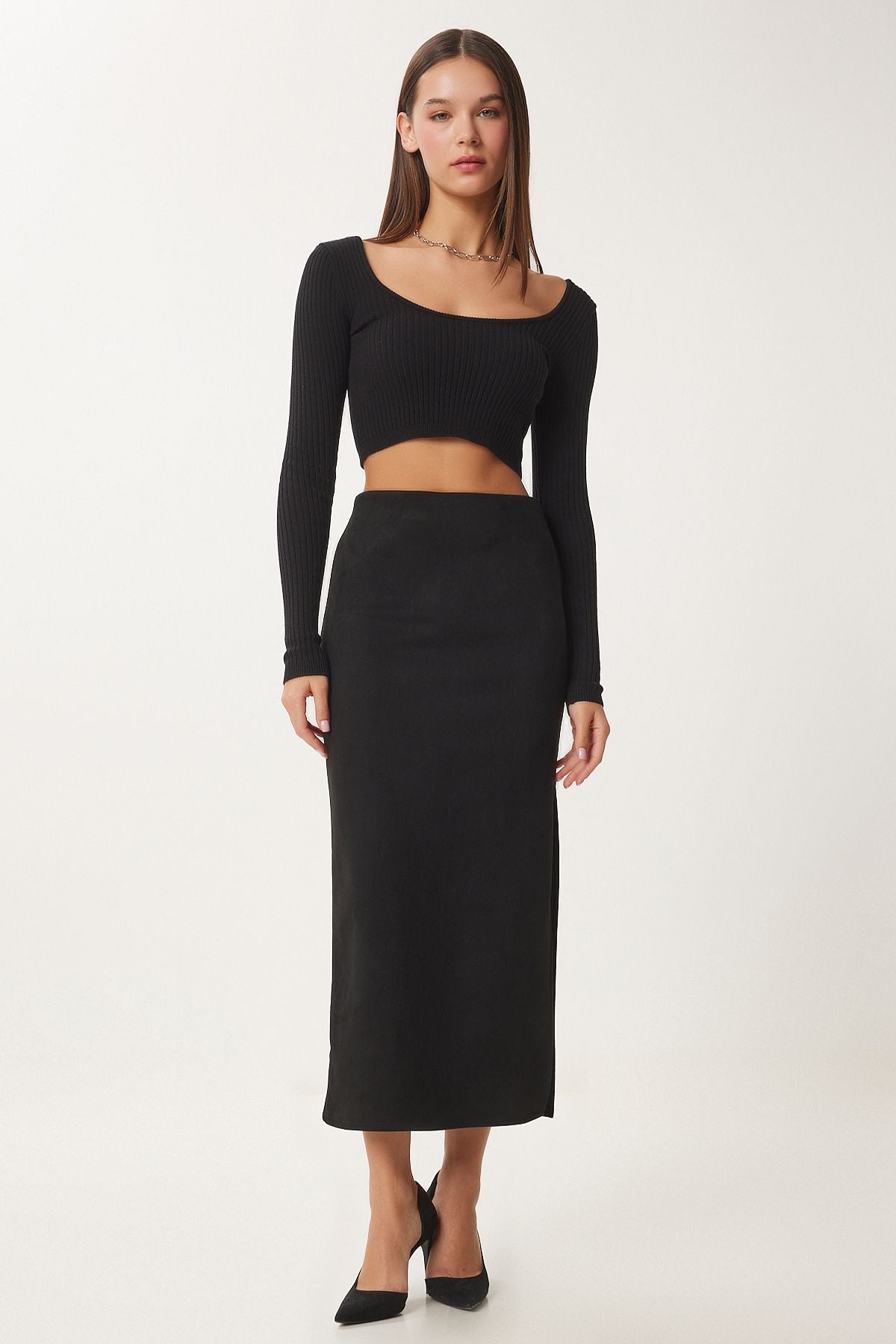Women's black slit long suede skirt MC00292