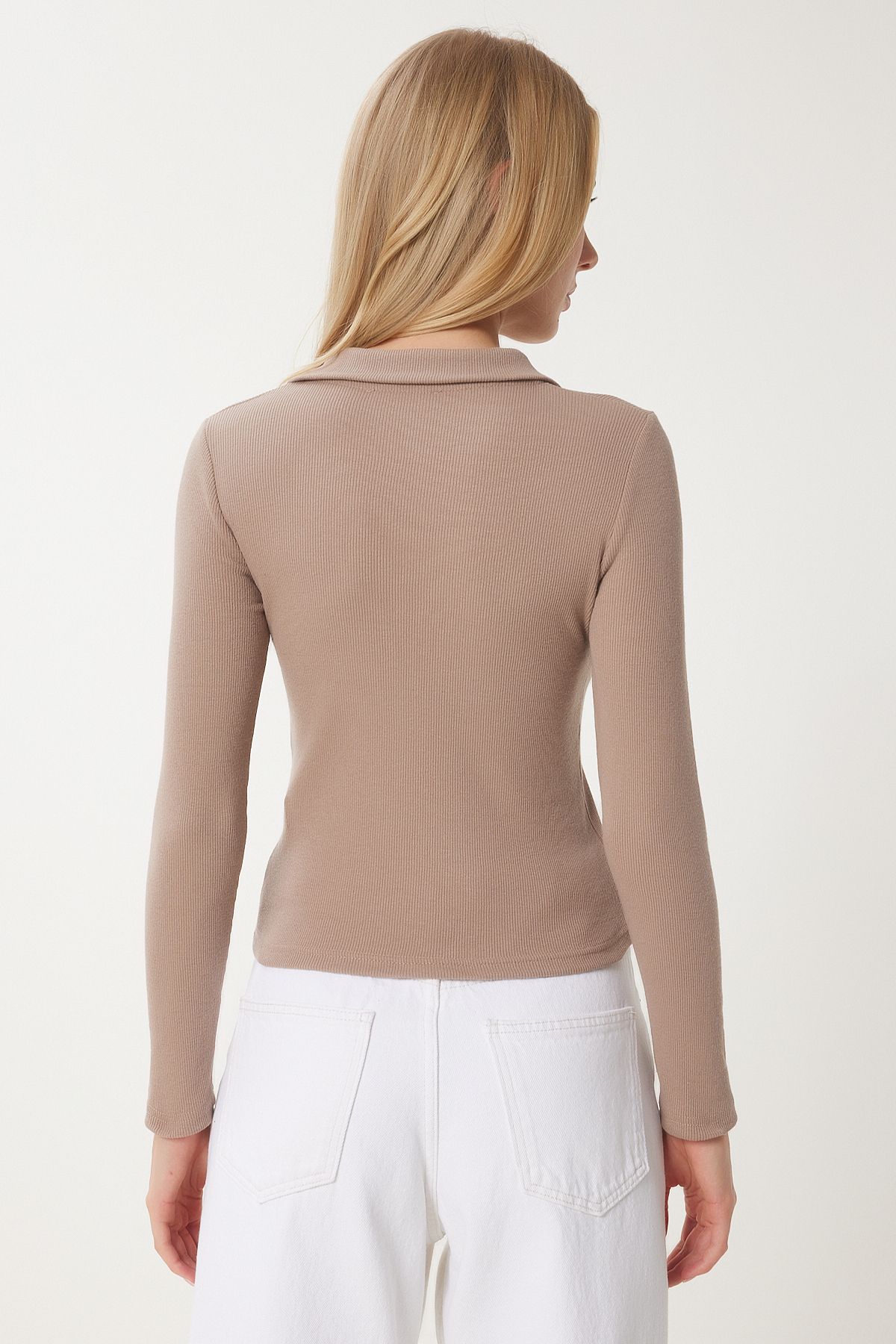 Female Beige Pink 2 Piece Polo Yaka Wick Knitting Blouse GT00232