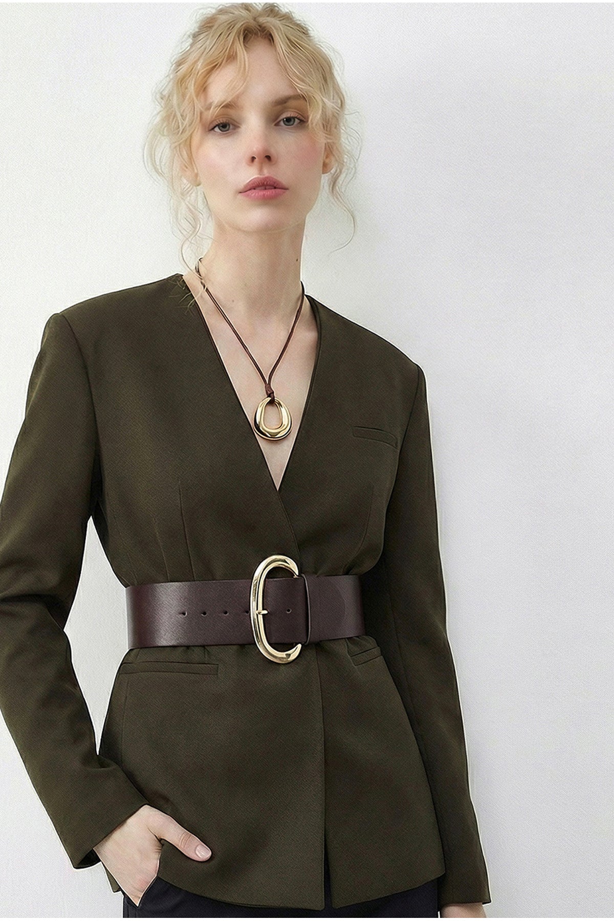 Women's Wide Belt Double Breasted Collar Lined Jacket 4169 60283989