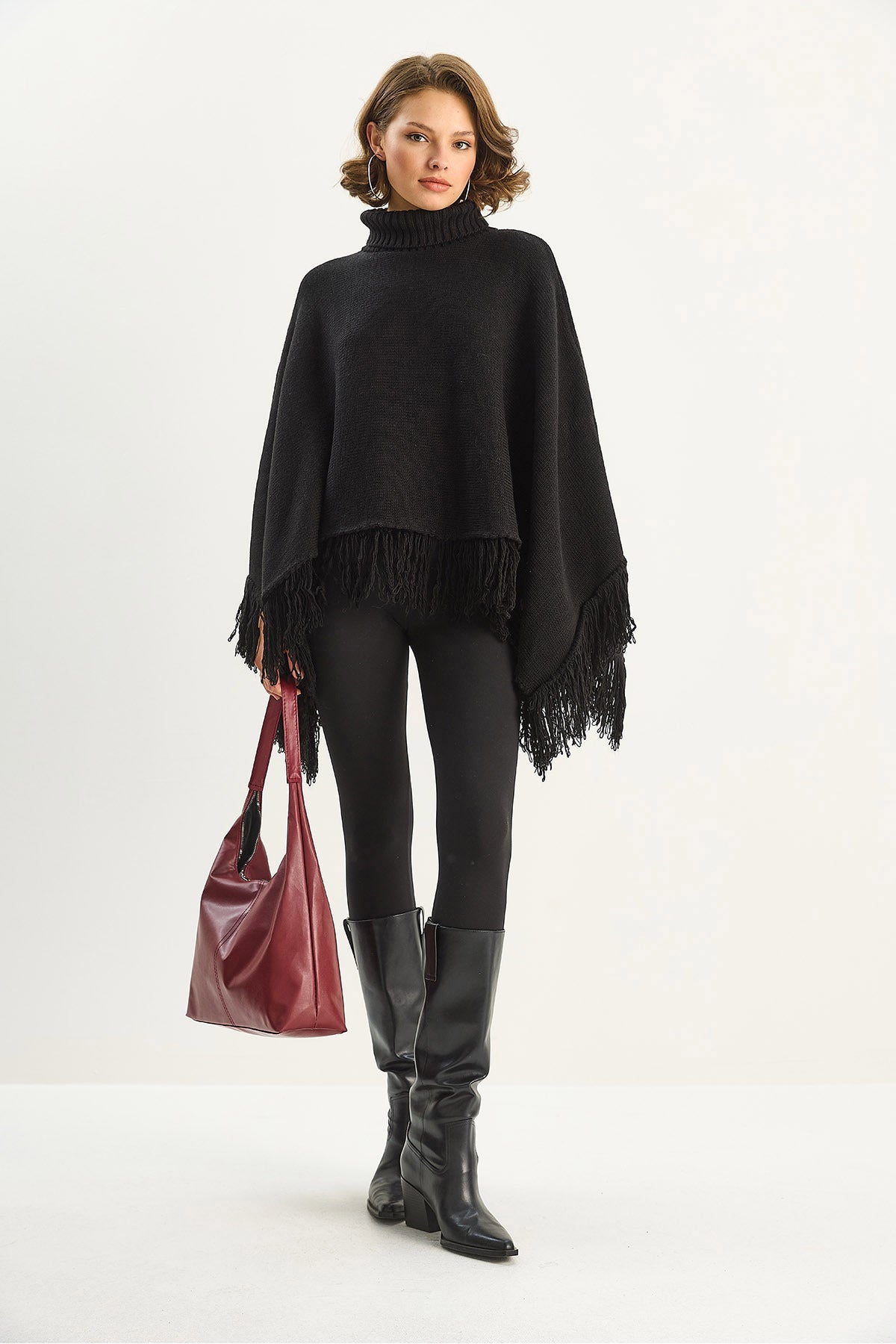 Women's Turtleneck Tasseled Knitwear Poncho TP251007 60283722