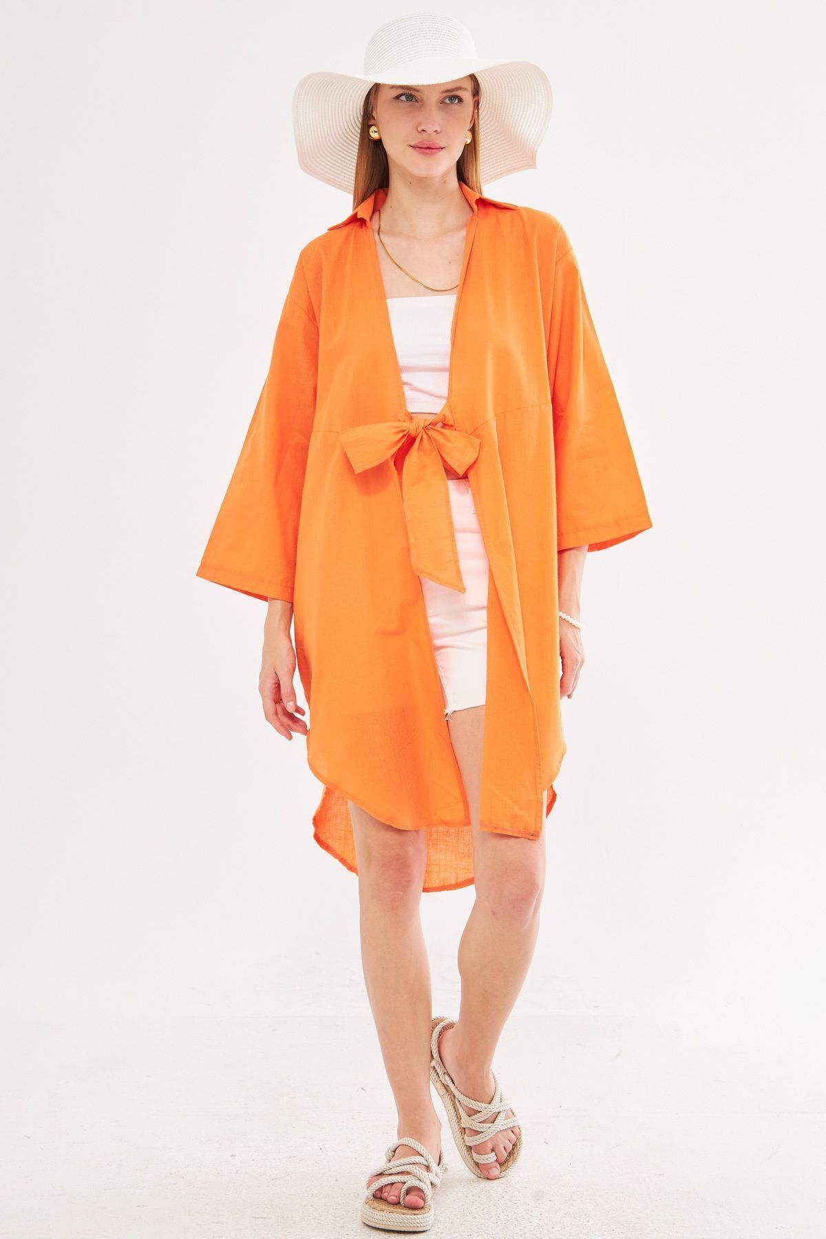 Female Orange front-binding thin linen fabric midi height kimono shirt ARM-24Y001081