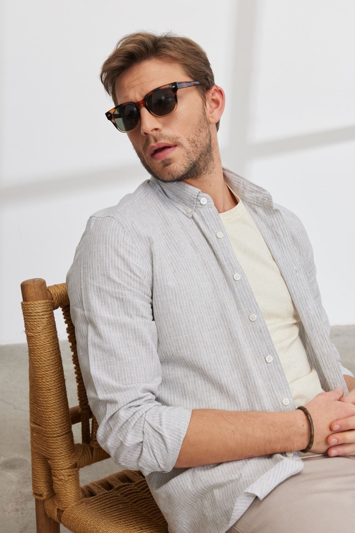 Men's White-Haki Slim Fit Narrow Cutting Buttoned Neck Organic Cotton Striped Linen Shirt