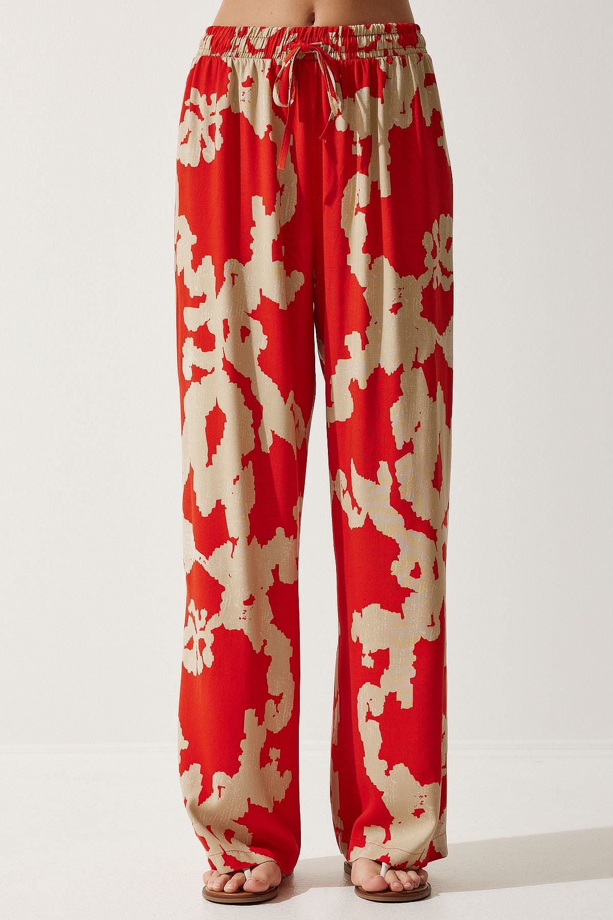 Female Oranj Beige Patterned Viscose Kimono Palazzo Pants Set CI00086