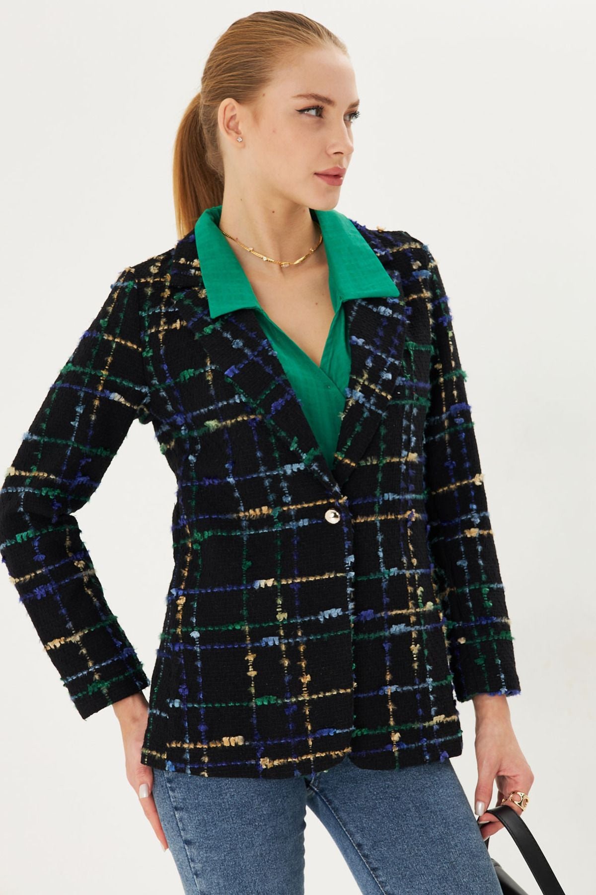Female Saks Tüvit Fabric Single Button Jacket ARM-25K001042