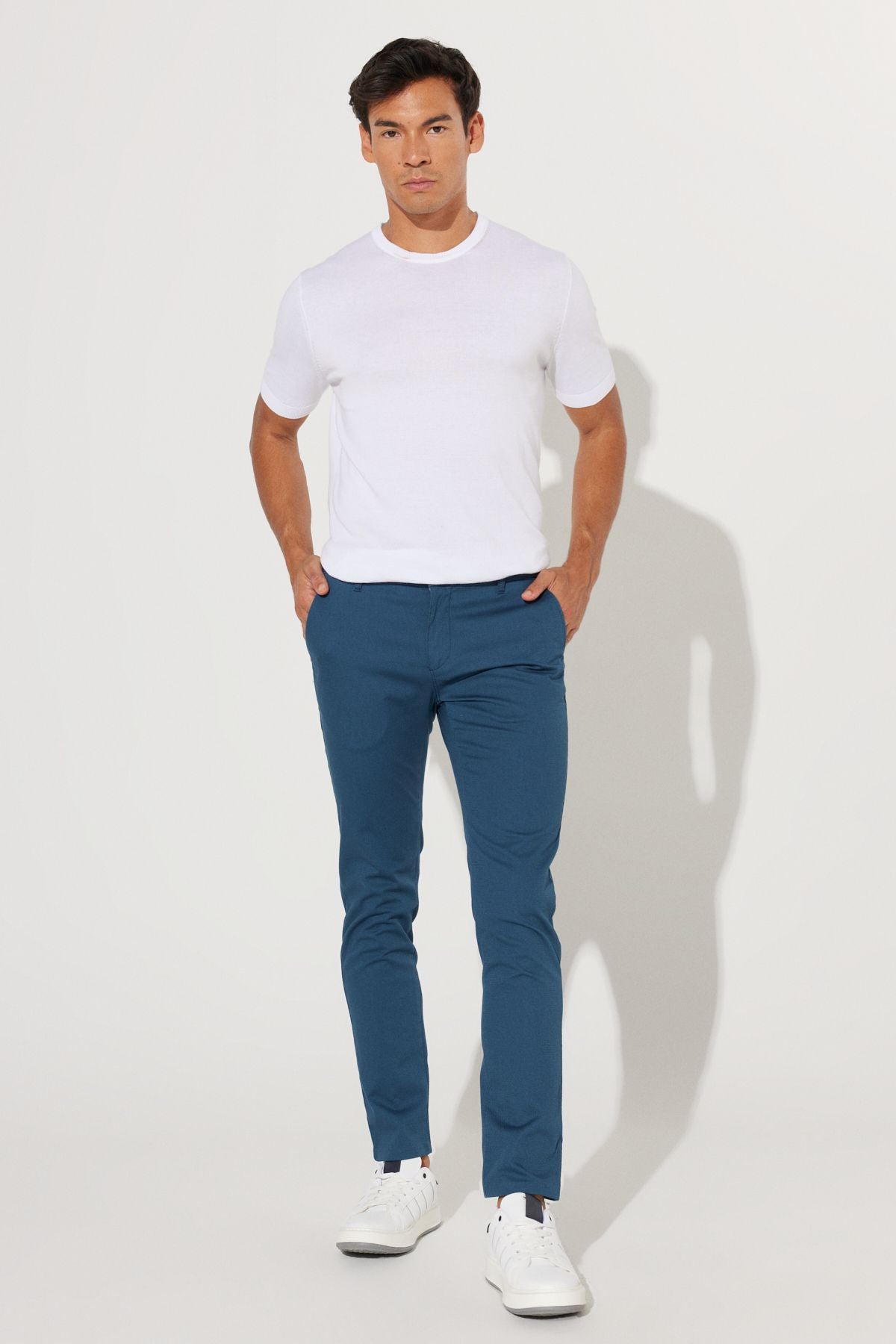 Men's indigo slim fit narrow cut cotton flexible relaxed trousers