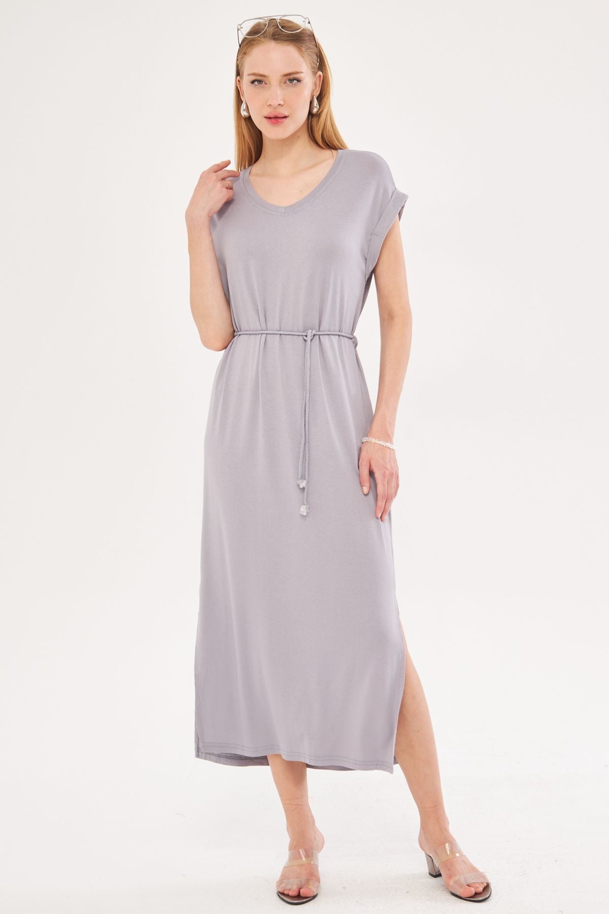 Women's gray v-neck waist belt sides with slits long dress ARM-24Y024016