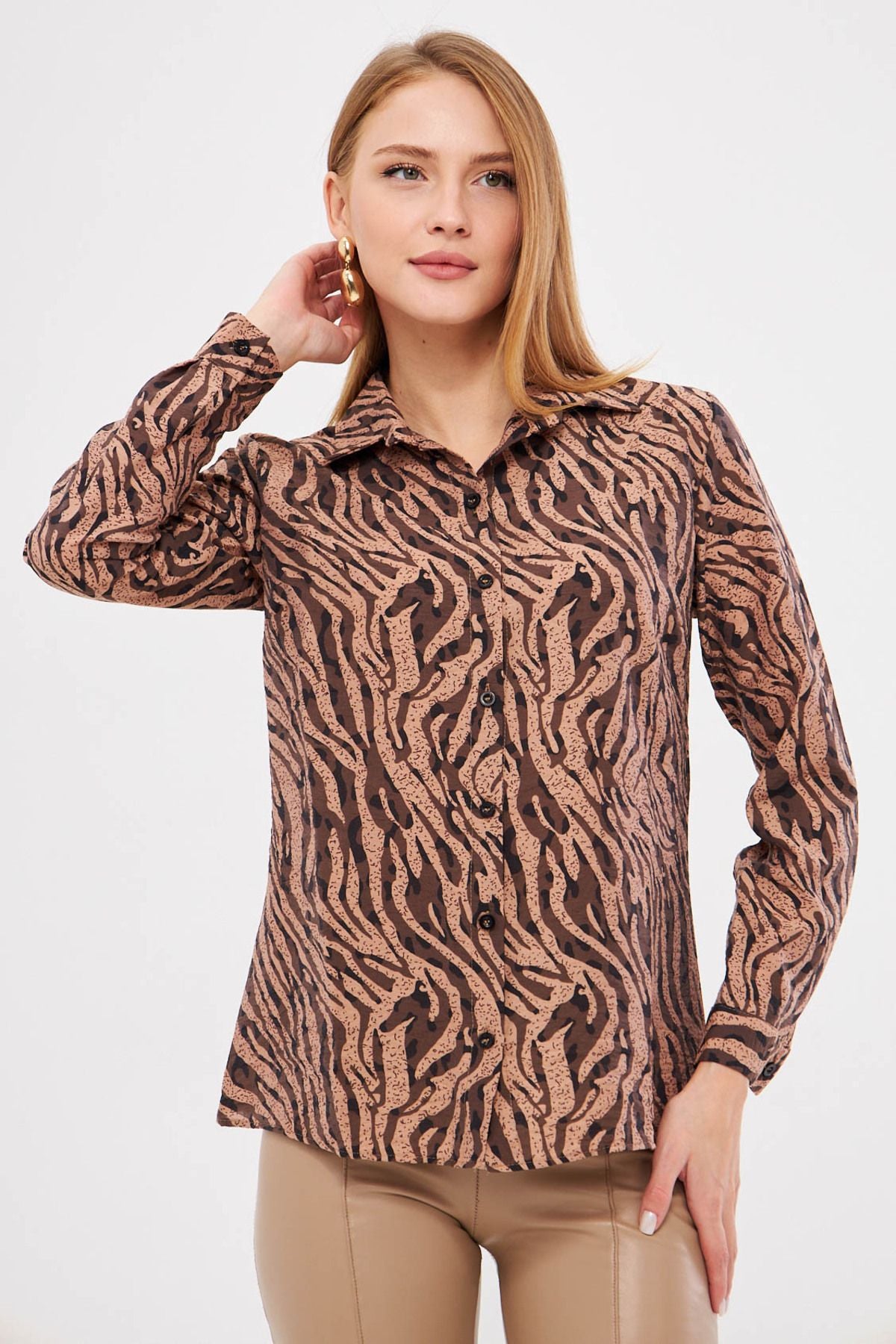 Female mink-bej patterned long sleeve shirt ARM-25K001040
