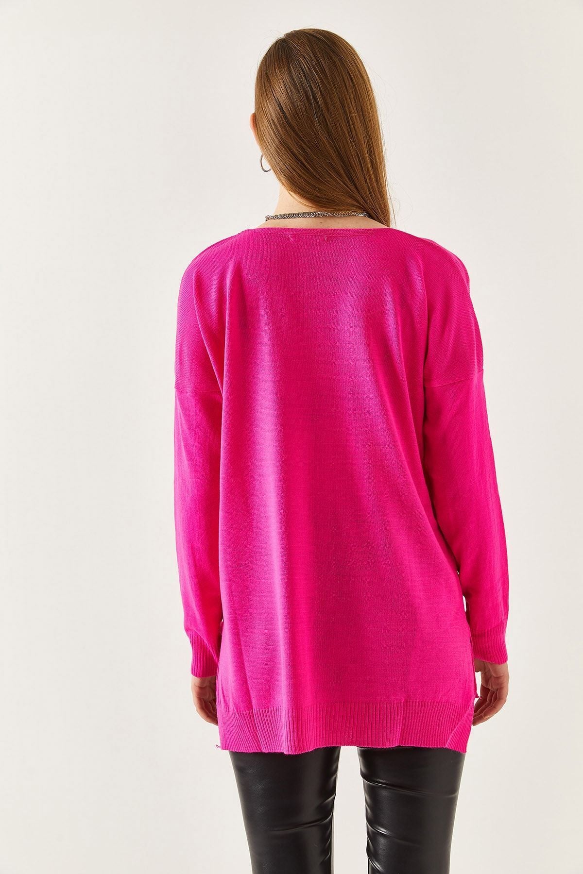 Women's Fuchsia V Yaka front short back long knitwear sweater ARM-22Y012013