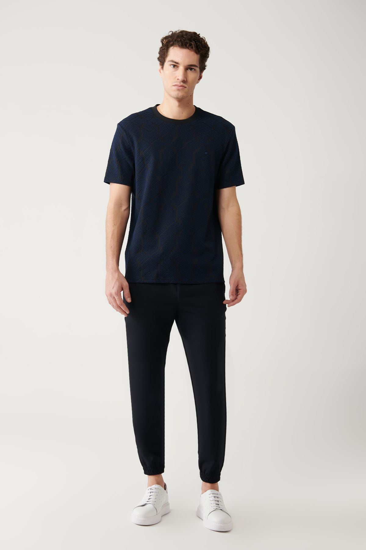 Men's navy blue bike collar jacquard t-shirt A32y1180