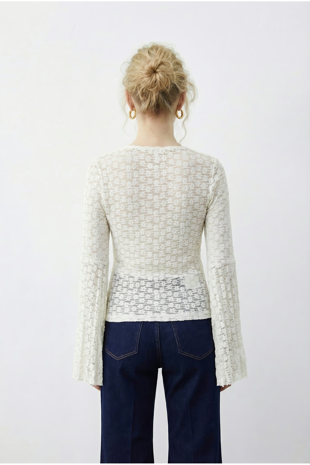 Women's V-Neck Pleat Detailed Spanish Sleeve Transparent Lace Blouse 1051 60283938