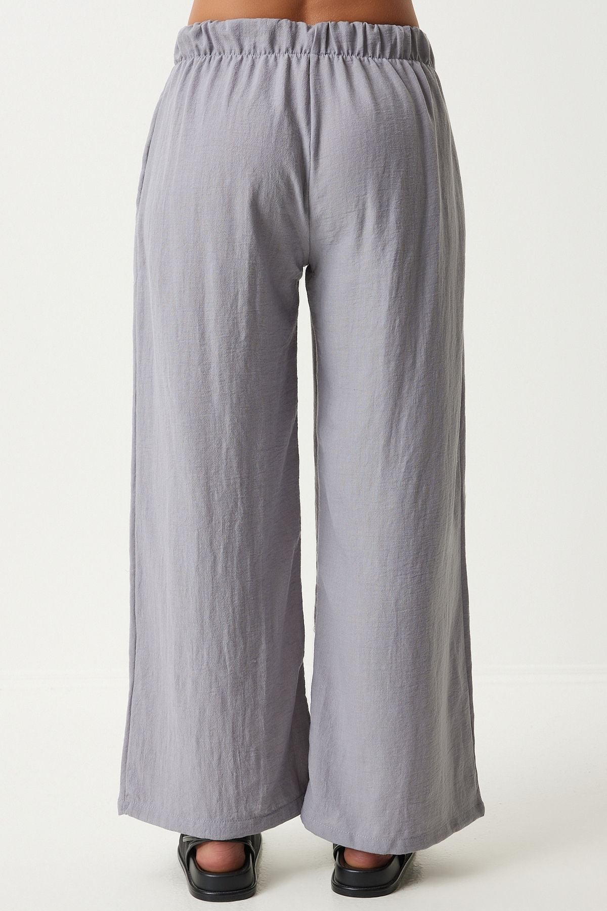 Women's gray wide pocket linen mixed shirt pants set FN03205