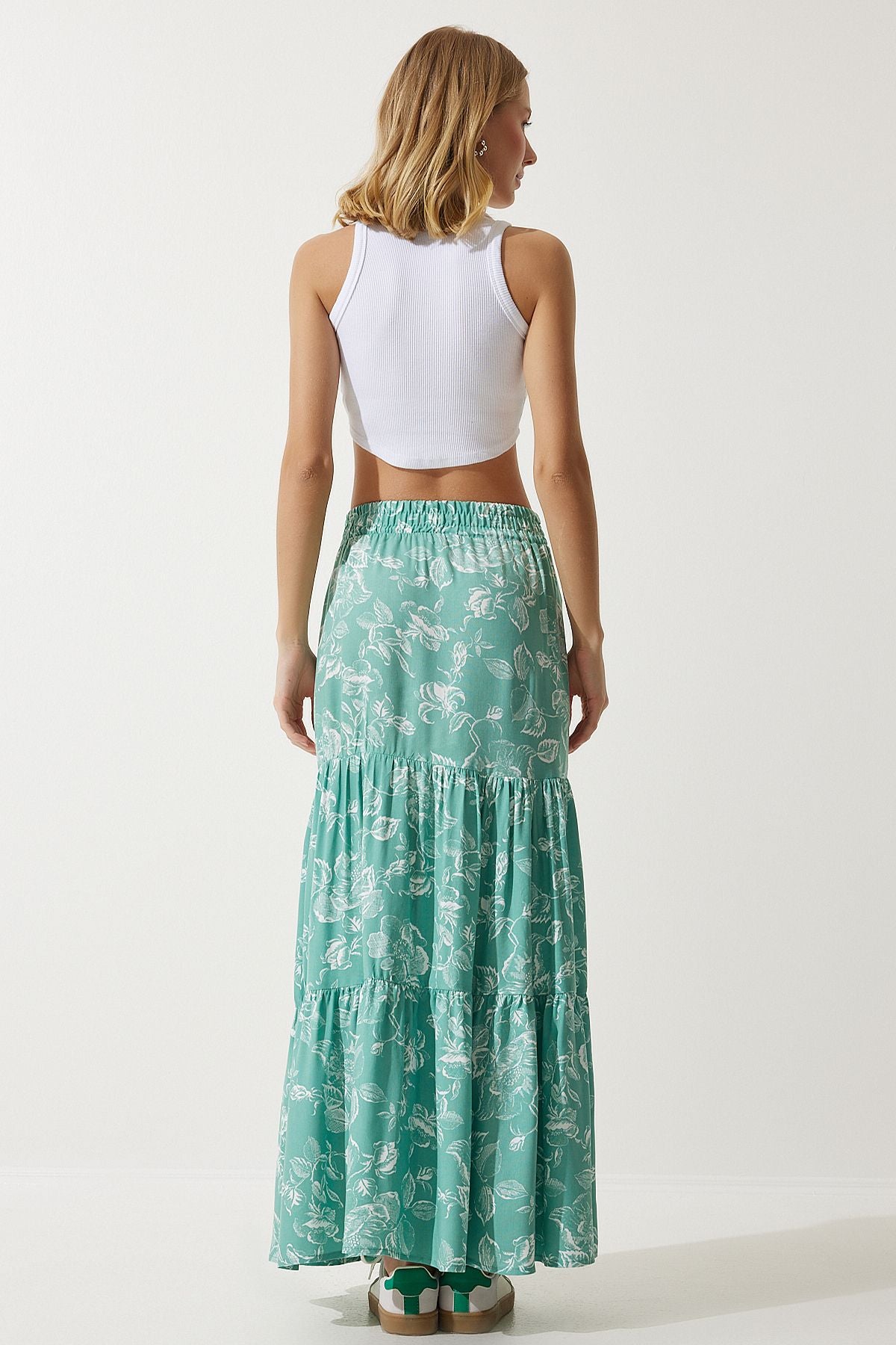 Female Water Green Flower Patterned Volan Viscose Skirt DD01310