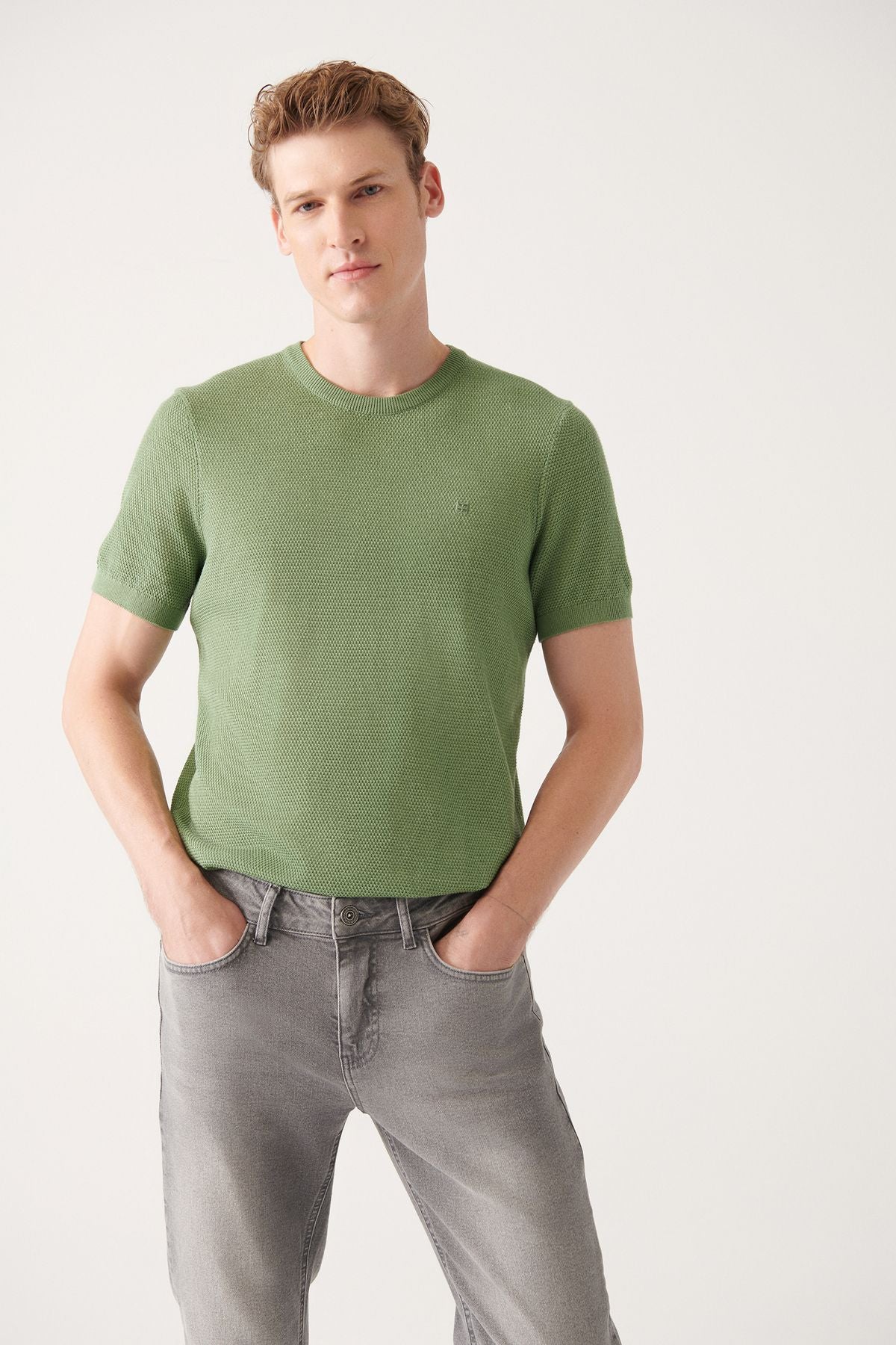 Men's Water Green Modal Bicycle Collar texture Ribanian knitwear T-shirt B005010