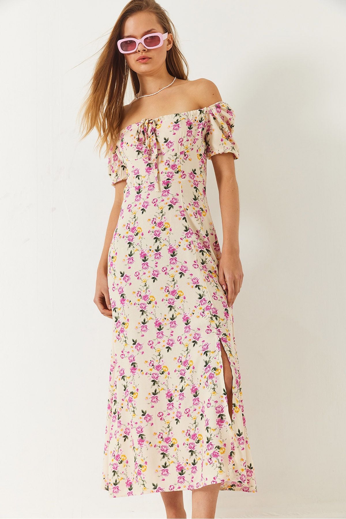 Female Baglama Neck Slit Detailed Patterned Midi Viscose Dress 60261492